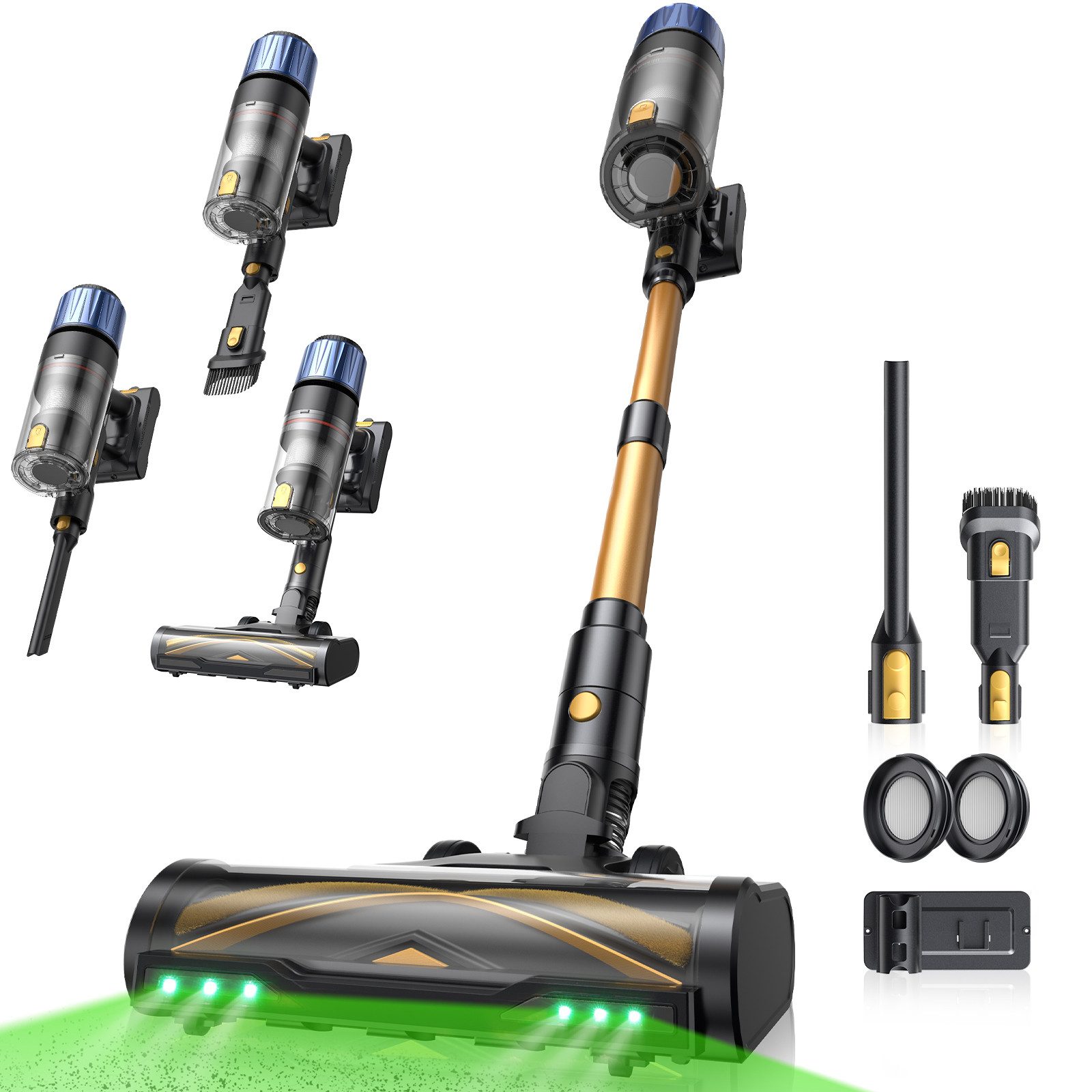 Proscenic Akku-Hand-und Stielstaubsauger P15 mit 60 kPa, 580W, 70 Min, 580 W, beutellos, Grüne LED-Scheinwerfer, 1,5L Staubbehälter, Leichtes Rauschen