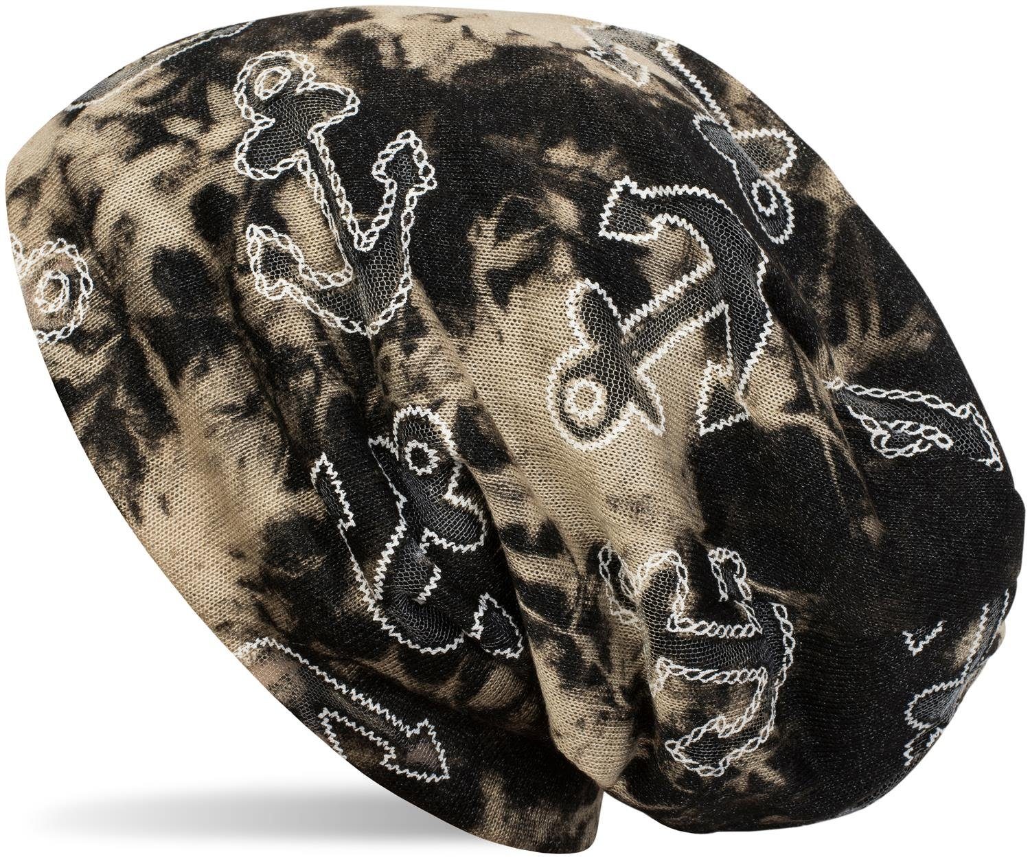 Seil Anker styleBREAKER Beanie mit (1-St) Beanie Print Schwarz-Beige