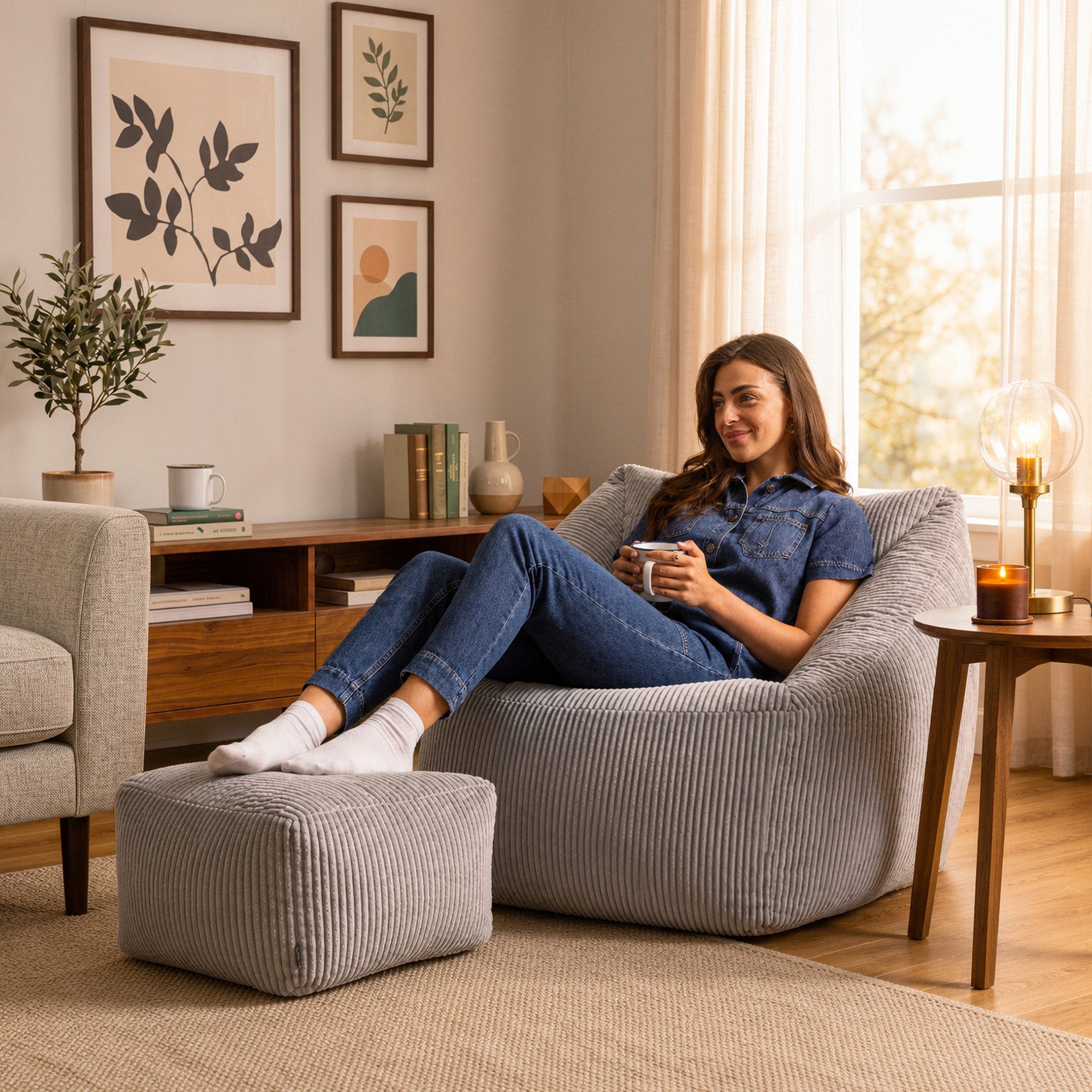 icon Sitzsack Riesen Sessel aus Cord Flauschig „Natalia" mit Hocker (Spar-Set, 1 x Sitzsack-Sessel, 1 x Fußhocker), Sitzsack XXL, Made in Germany, für Erwachsene & Kinder, für Wohnzimmer