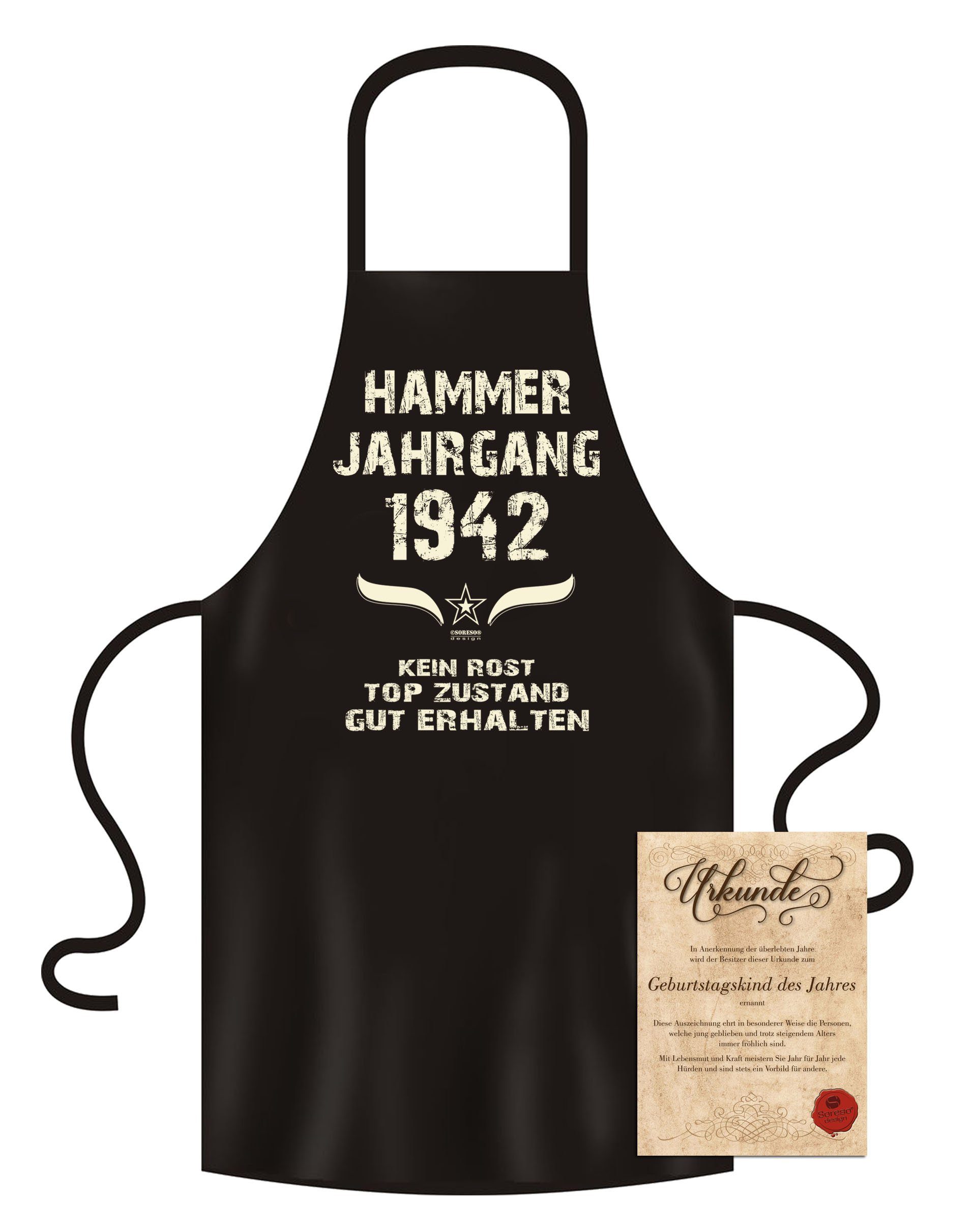 Soreso® Grillschürze Geburtstagsgeschenk für Männer - Frauen Hammer Jahrgang 1942, (Geschenkset, Geschenke-Set bestehend aus Grillschürze aus 100% Baumwolle, Urkunde für das Geburtstagskind), Geschenke, Geburtstagsgeschenk, Papa, Mann, Kochschürze, Speiseschürze, Umhängeschürze, Geschenke, Männer, Küchenschürze, Grillschürze