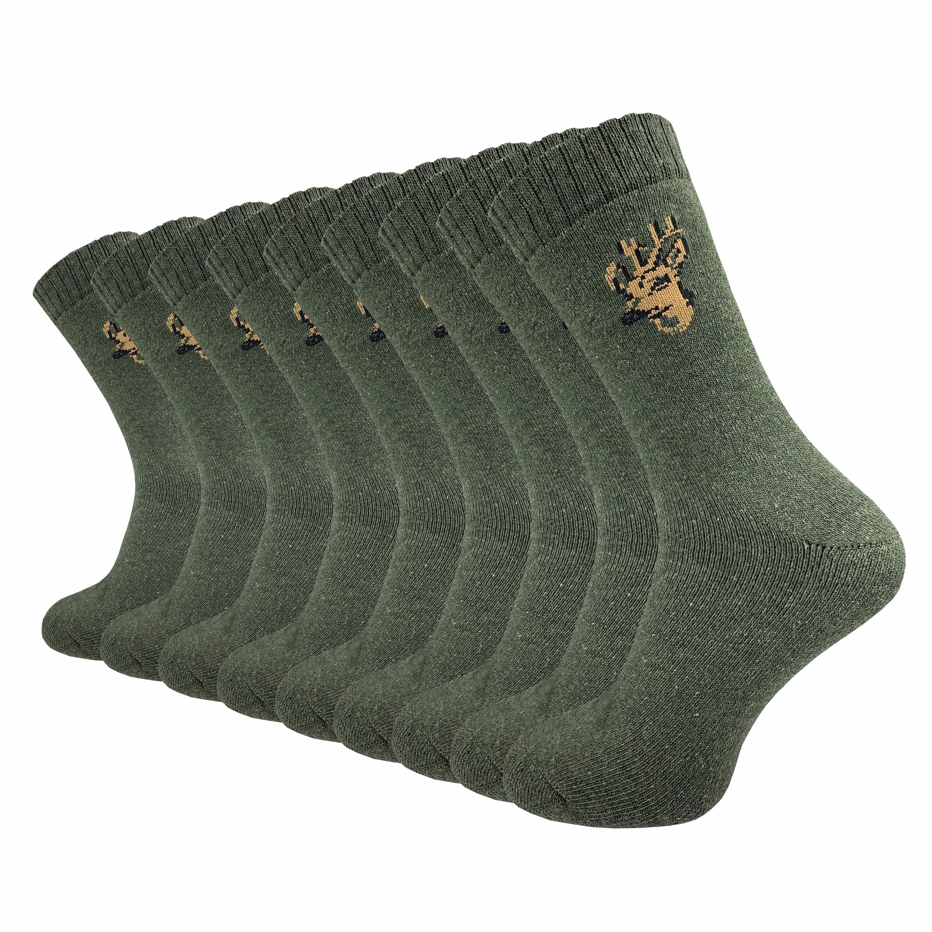 GAWILO Freizeitsocken für Herren - warme Socken für Jäger - Armysocken uni & mit Jagdmotiv (9 Paar) mit gepolsterter Frotteesohle, verfügbar in grün, grau & schwarz grün mit Hirsch