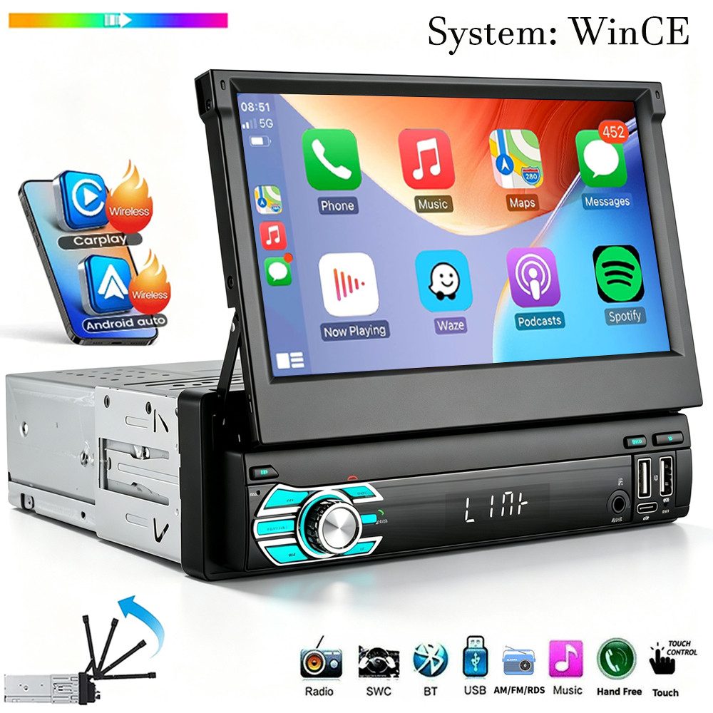 ESSGOO Autoradio 1 DIN 7" WinCE Flip Bildschirm Touchscreen Carplay BT RDS Navigationsgerät