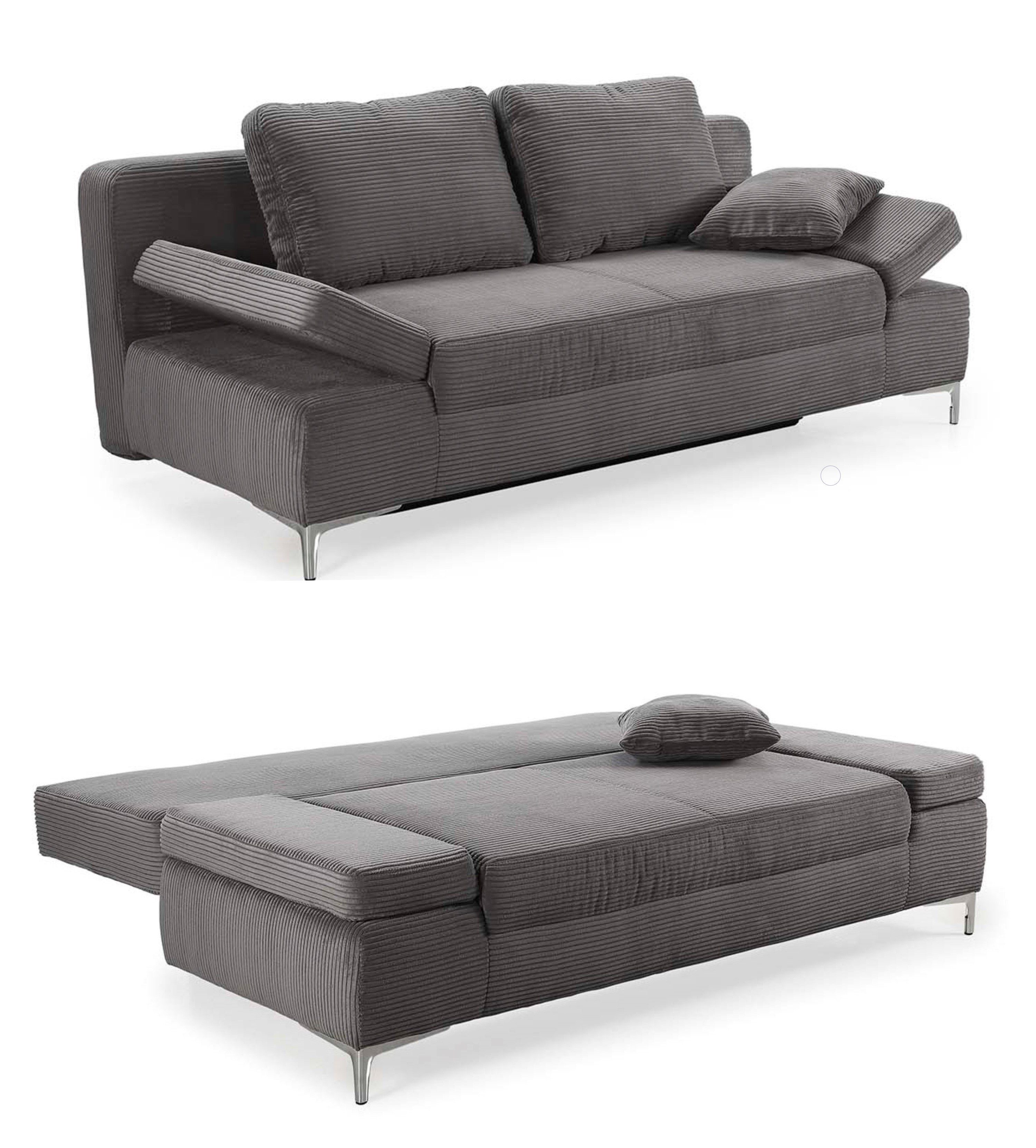 luma-home Schlafsofa 15204, mit Bettfunktion 202 cm breit, Federkern, Bettkasten, Armlehnen verstellbar, Cord, Grau Anthrazit