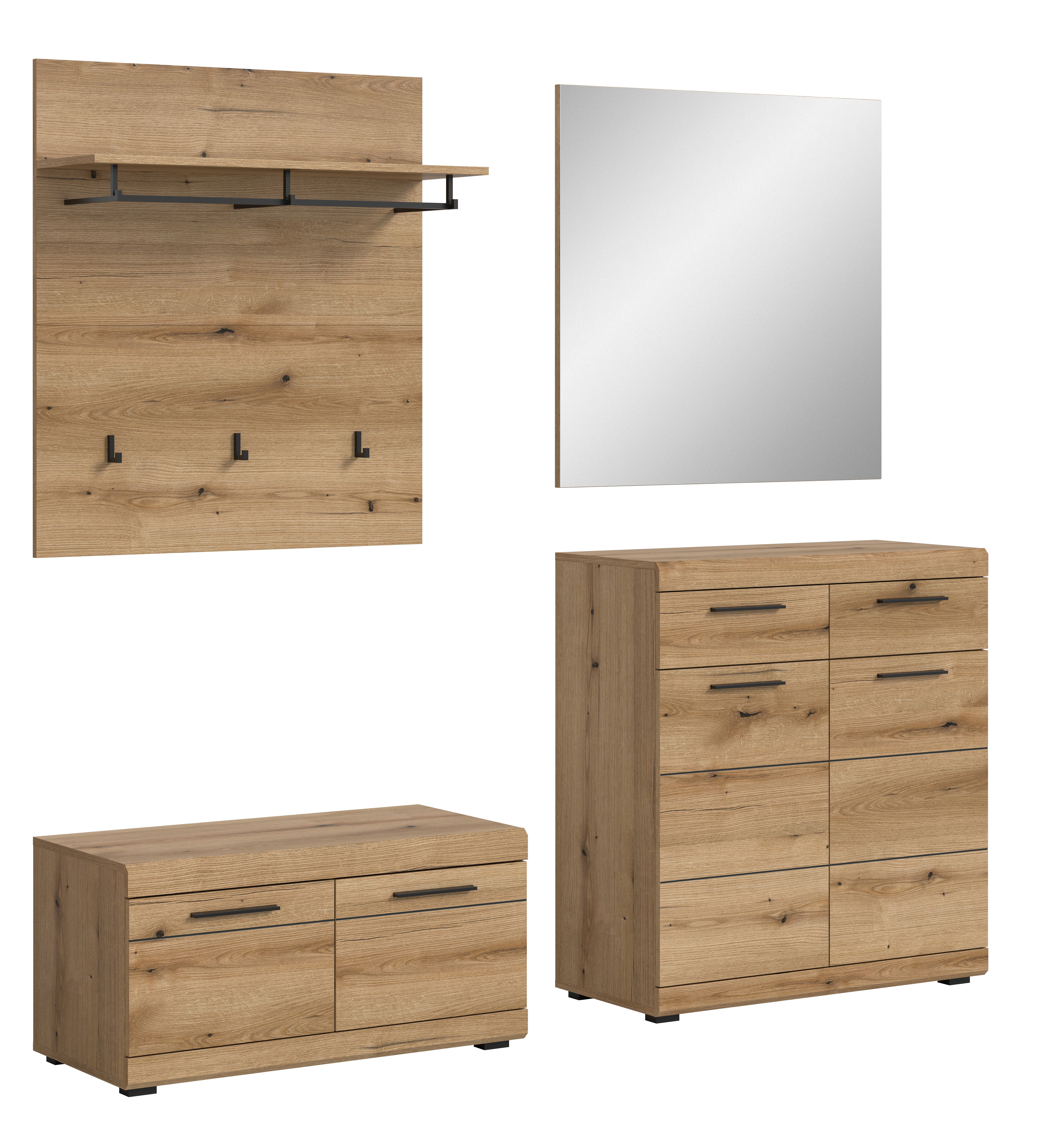 furnling Garderoben-Set Scott, (3-St., Garderobenpaneel, Schuhkommode, Sitzbank, Spiegel), Flurmöbel, Garderobenmöbel, Breite 195 cm, Evoke Oak Nachbildung