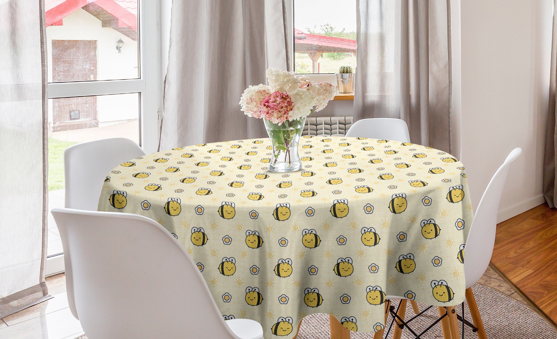 Bienen-Blumen Abakuhaus Tischdecke Happy für Esszimmer Dekoration, Little Küche Kreis Abdeckung Insekten Tischdecke