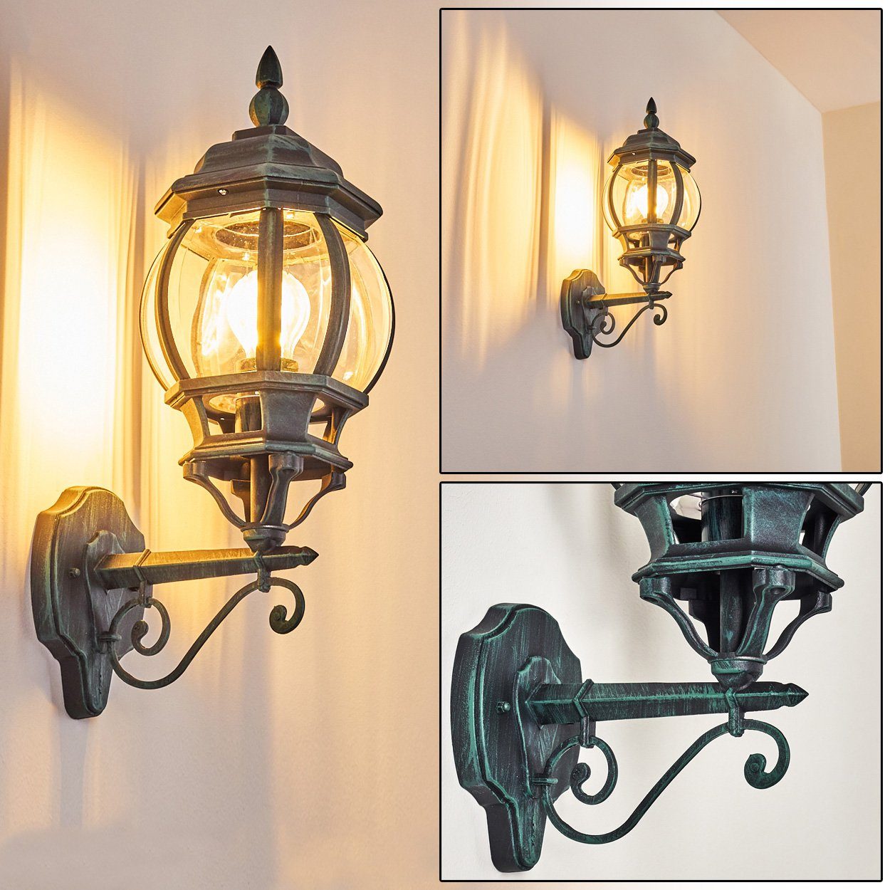 hofstein Außen-Wandleuchte »Meyen« Außenwandlampe aufwärts in antikem Look, ohne Leuchtmittel, Aluguss in Schwarz/Grün m. Kunststoff-Scheiben, m. E27, Außenleuchte