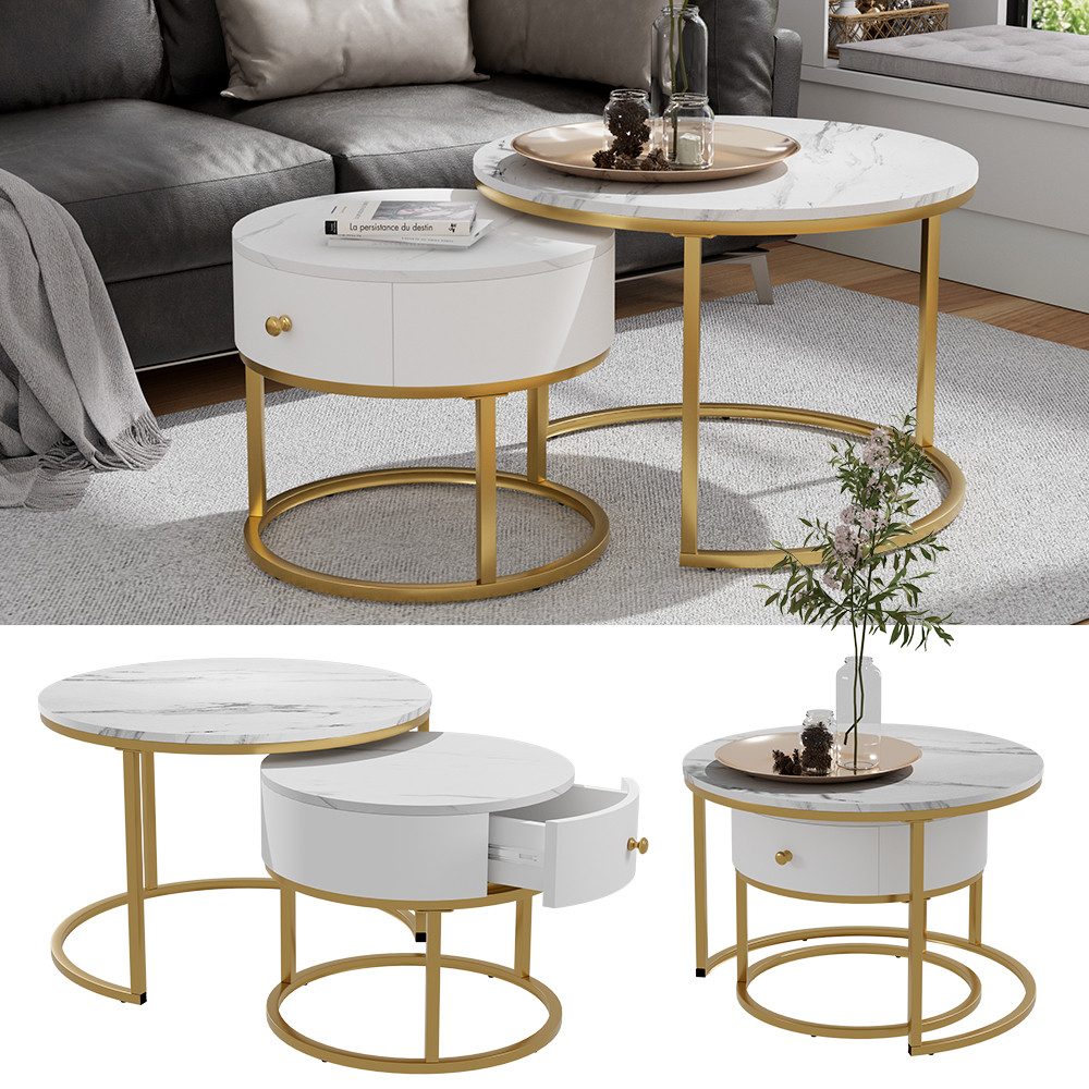 Vicco Couchtisch Madrid, Marmor Weiß, 70 x 70 cm, kleiner Tisch mit Schubla günstig online kaufen