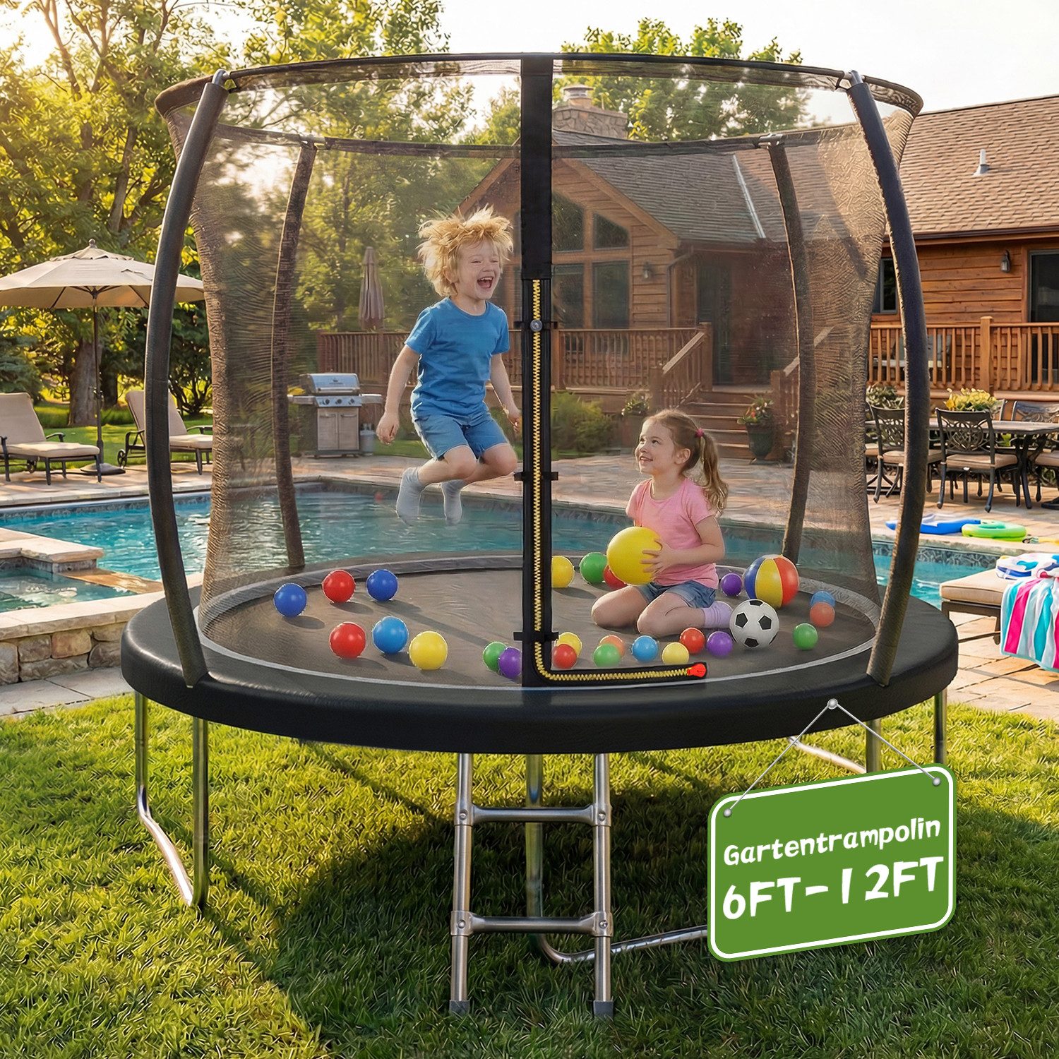 HOMALL Gartentrampolin Kindertrampolin Outdoor-Trampolin Durchmesser: 183/220/290/360 cm, Ø 183 cm, (Ausgestattet mit Sicherheitsnetz und Schutzabdeckung, Tragkraft 50 kg/150 kg, 360°-Schutznetz, erhältlich in Schwarz/Blau/Mehrfarbig)