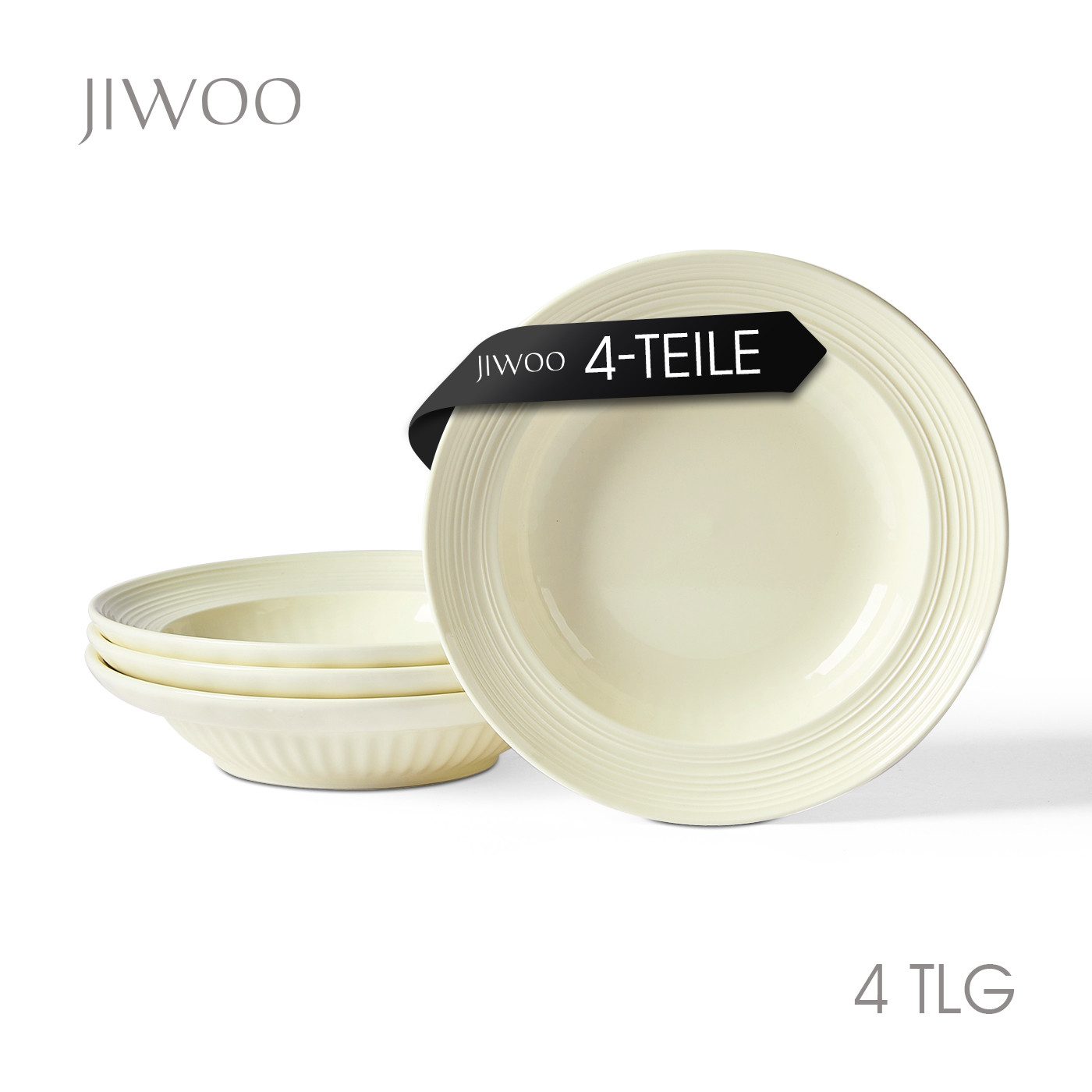 JIWOO Suppenteller 4er Ø22cm, Speiseteller Pastateller Salatteller Dessertteller Plate, (4 St), Keramik Tellerset Beige mikrowellen- und spülmaschinenfest Ø20,3 cm