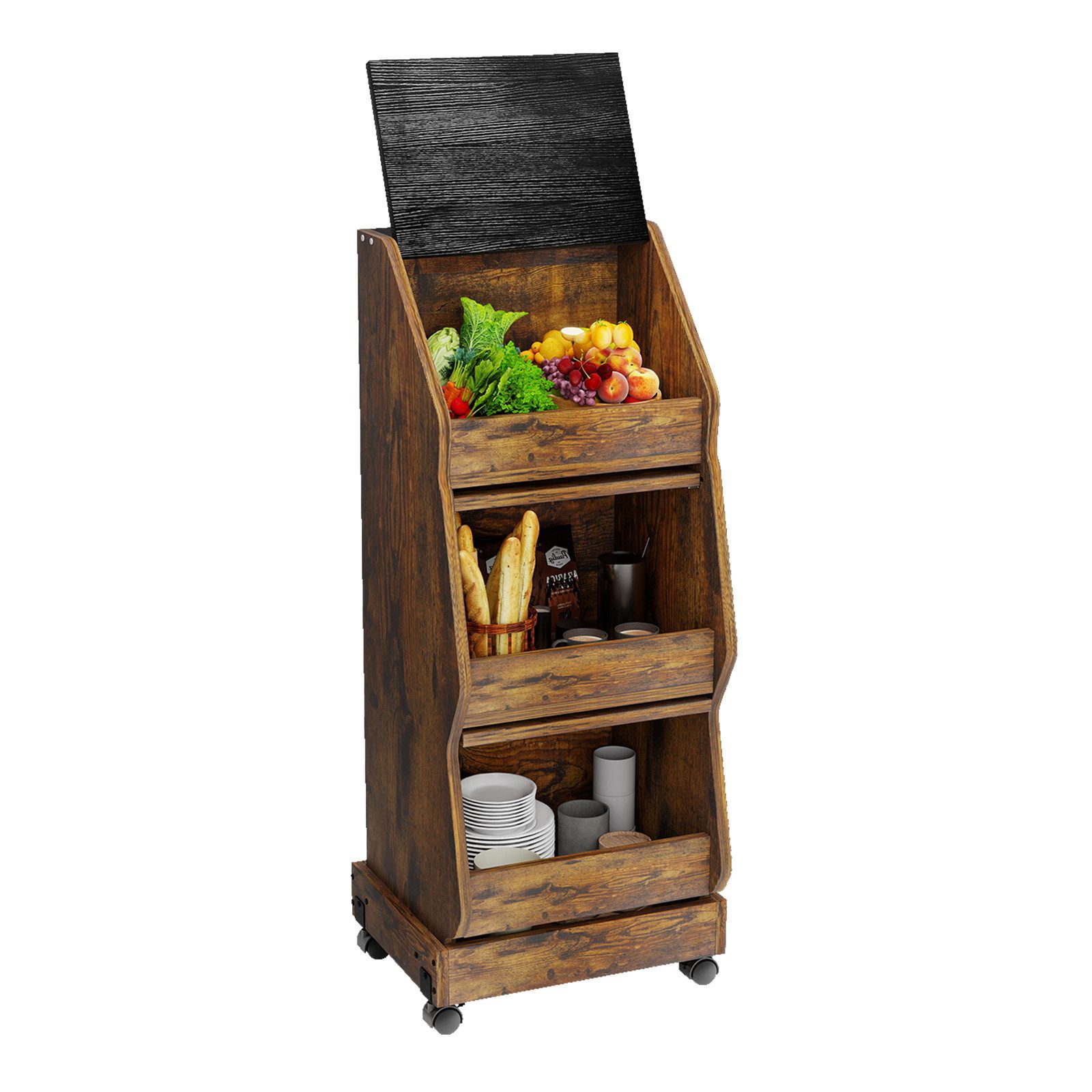Puluomis Vorratsdose Vorratsdose Kartoffelbox, Gemüsebox mit Rollen, Kartoffelkiste, (Gemüsebehälter mit Belüftung und Brotfach, Aufbewahrung von Gemüse und Obst, Kartoffelbox braun schwarz)
