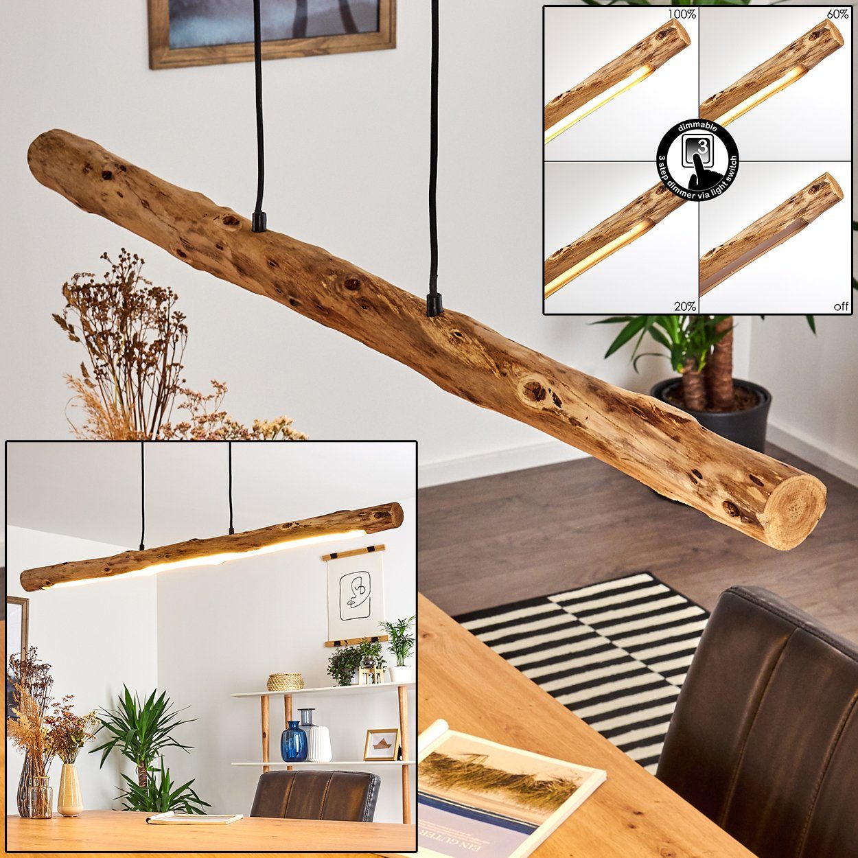 hofstein Pendelleuchte »Licata« dimmbare Hängelampe aus Metall/Holz in Schwarz/Natur, 3000 Kelvin, Holzbalken,1358 Lumen, dimmbar o. Zubehör über Lichtschalter