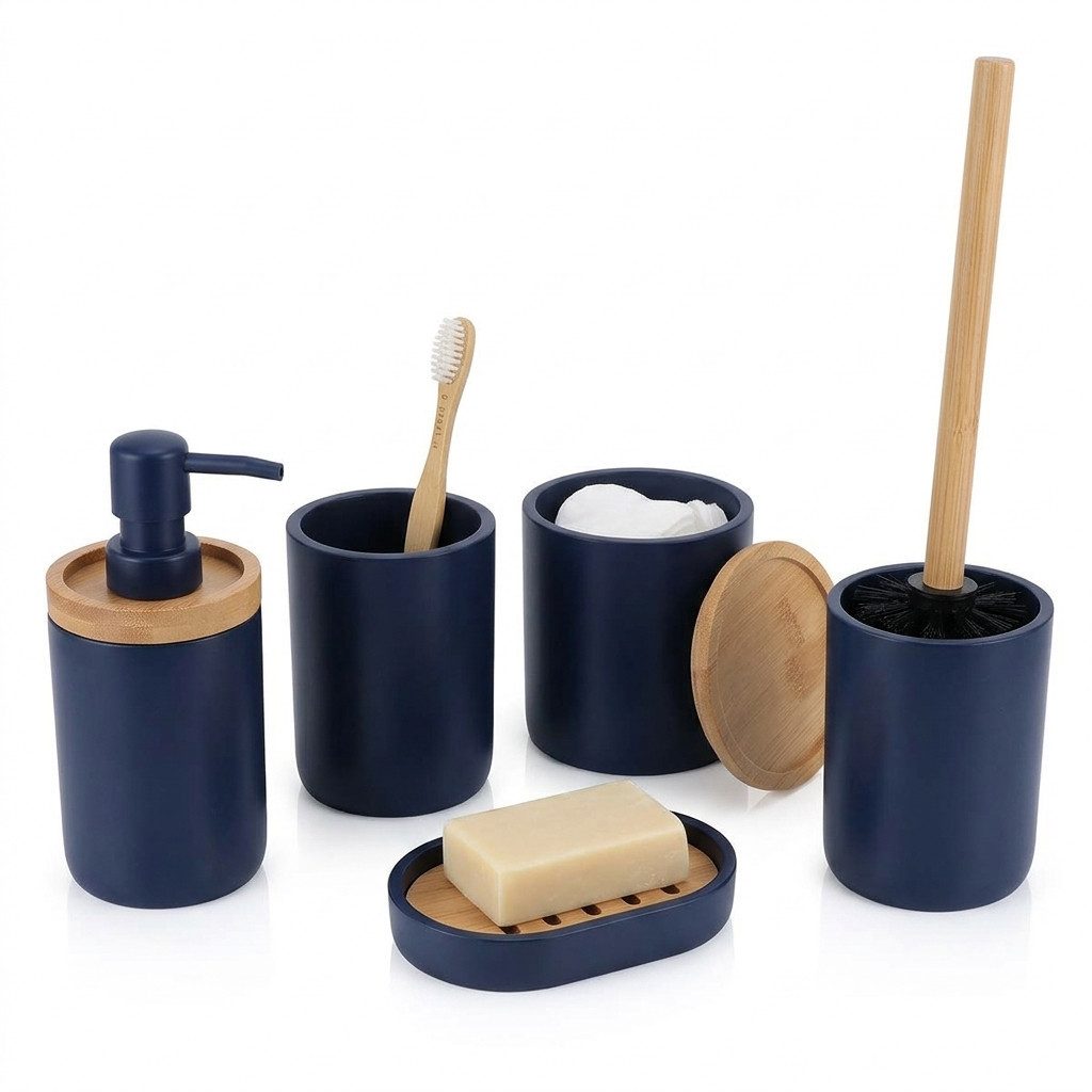 TENDANCE Badaccessoire-Set 5 teilig Zahnputzbecher Seifenspender Seifenschale WC Bürste Wattedose – Bild 3 von 5