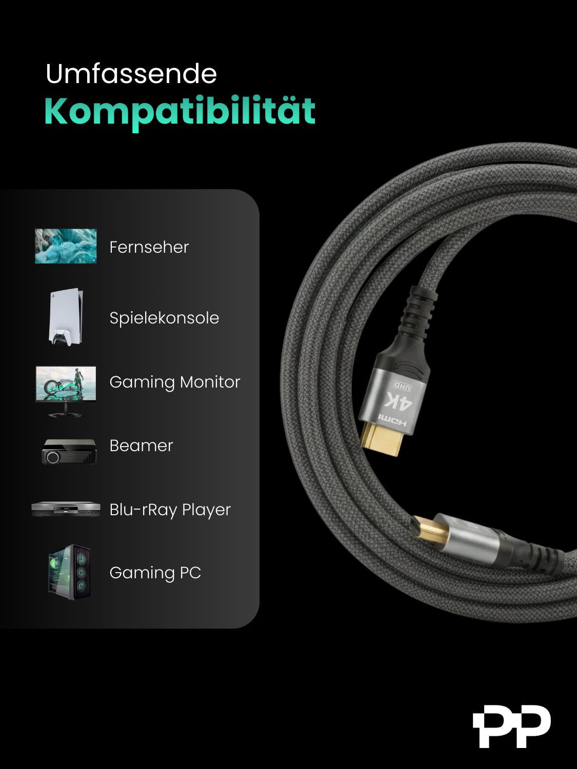 ProfiPatch ProfiPatch HDMI Kabel 4K60Hz UHD 1m grau Goldkontakt Textil HDMI-Kabel, (100 cm) – Bild 5 von 5