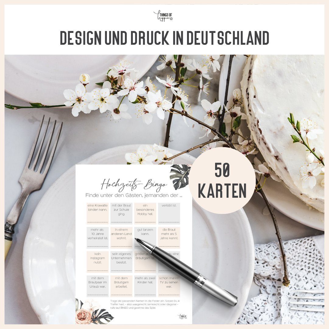 Things of Happiness Spiel Hochzeitsspiel Bingo, Hochzeitsbingo, Spiel Gäste Hochzeit, Kennenlernspiel Hochzeit, 50 Karten