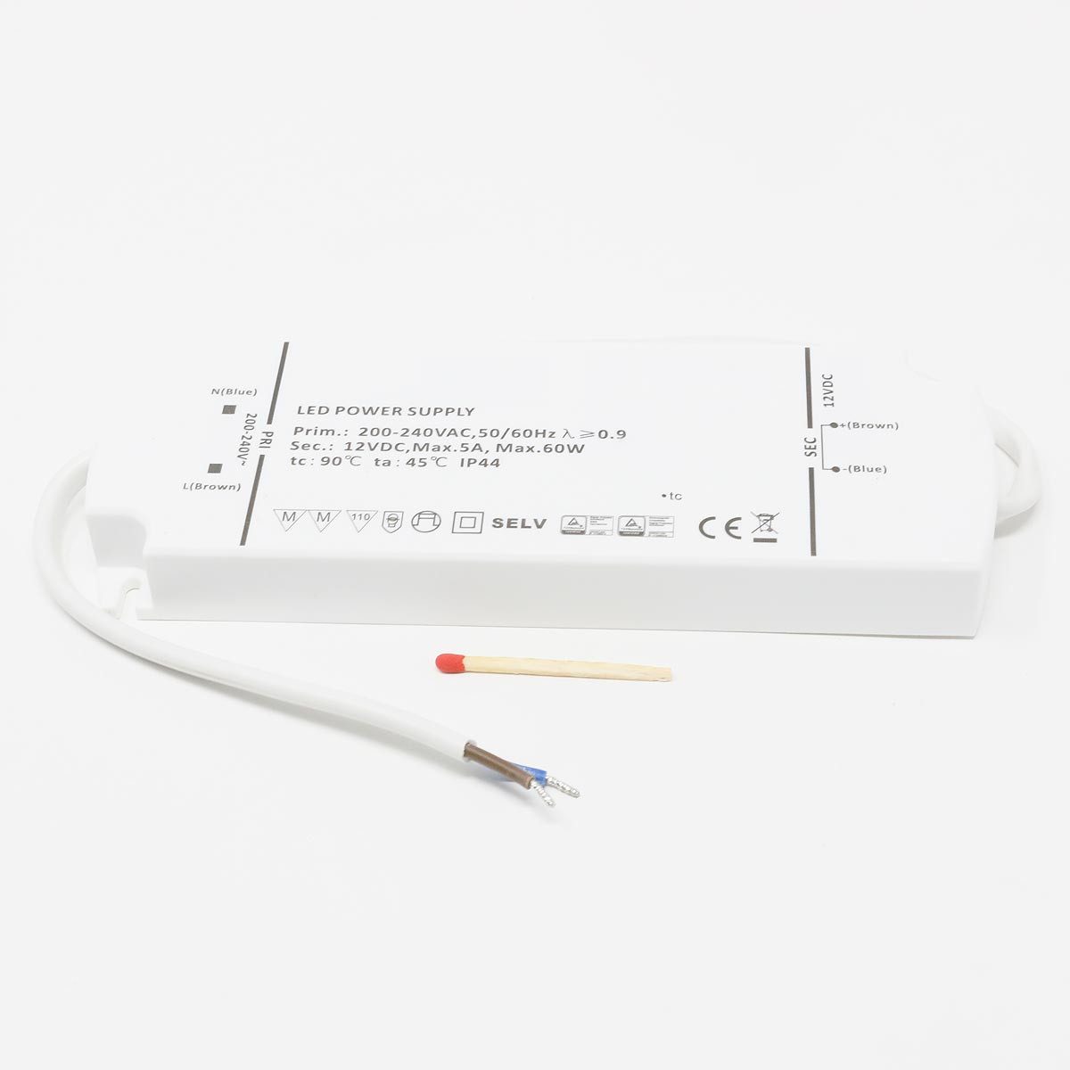 Designlight LED Trafo SLIM IP44, 12V DC 60W, 2x 15cm Kabel LED Trafo