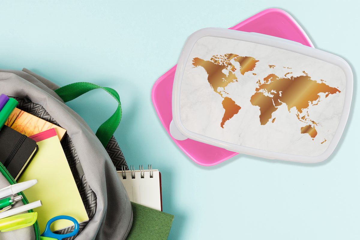 Marmor - Kunststoff (2-tlg), Lunchbox für - Brotdose Weltkarte Erwachsene, Mädchen, MuchoWow rosa Gold, Kinder, Kunststoff, Brotbox Snackbox,