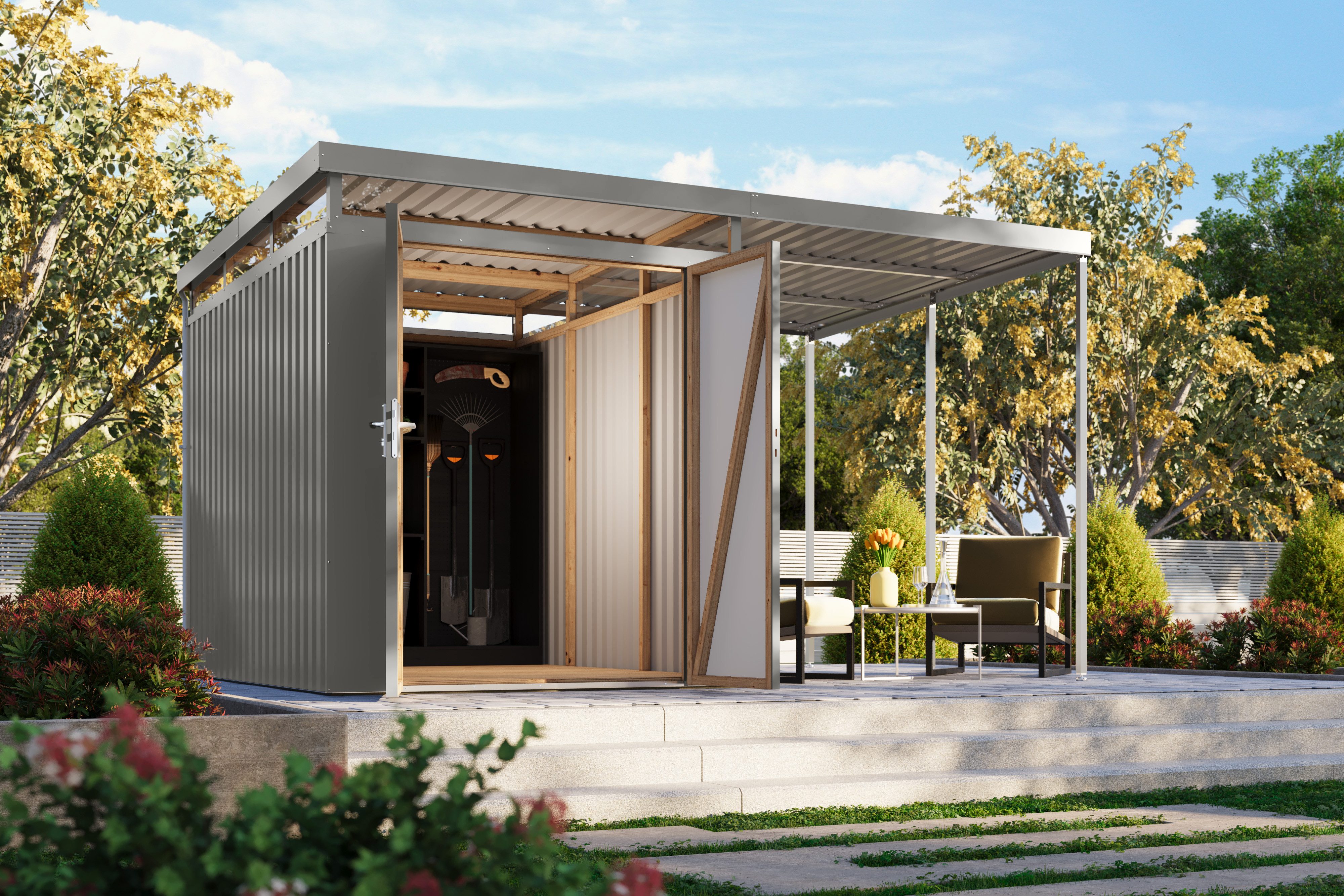 Karibu Gerätehaus Titanium 2,5 SET mit Anbaudach, BxT: 414x292 cm, Made in Germany