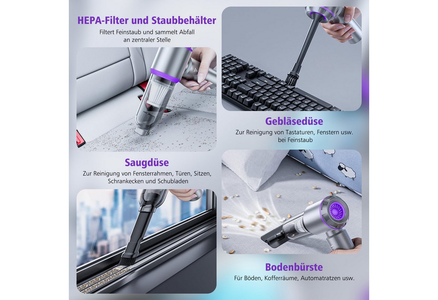 AKKEE Akku-Handstaubsauger Mini Staubsauger 16000Pa 6000mAh auto staubsauger, 100 W, 30 Minuten silberfarben