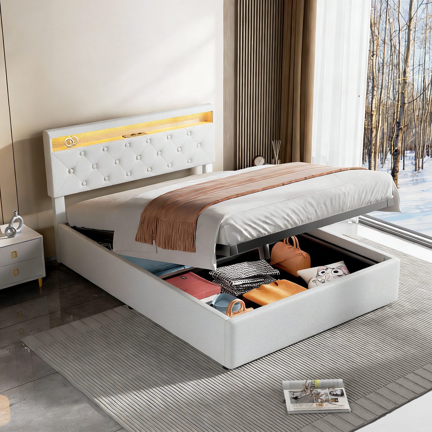 oyajia Polsterbett Doppelbett mit Steckdosen & LED Beleuchtung,Hydraulischem Stauraum (Funktionbett mit Hydraulikstange,Tragfähigkeit: 365kg, Strapazierfähig,Metallrahmen), Bettgestell mit Lattenrost,Leinenmaterial Polsterbett, ohne matratze