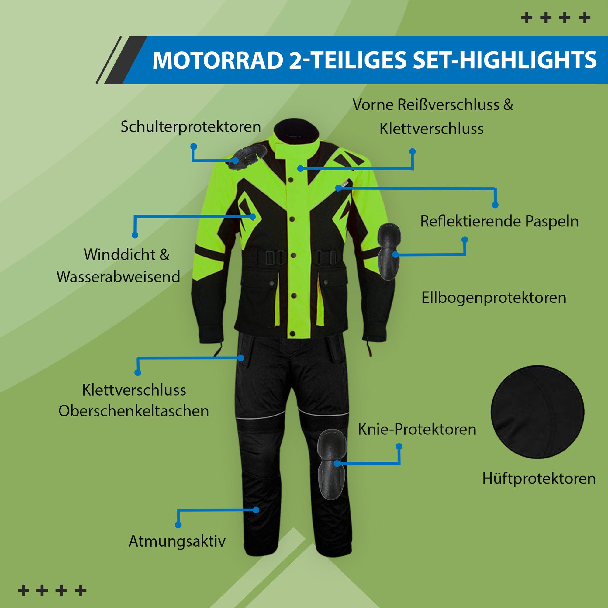 German Wear Motorradkombi GW300K (Set, 2-tlg., mit 8 Protektoren, Motorradhose & Motorradjacke) Herren Biker Schutz Kombi Thermofutter & Reißverschluss Taschen