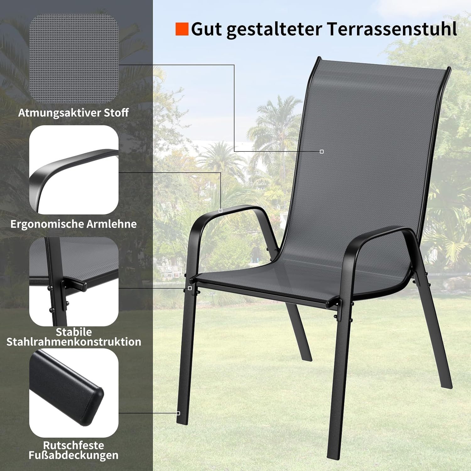 TLGREEN Stapelstuhl Gartenstühle Stapelstuhl,Camping Stapelbar Hochlehner, (Terrassenstuhl Textilene Stahlgestell für Gärten Innenhöfe Balkone Restaurants, 4 St – Bild 4 von 5