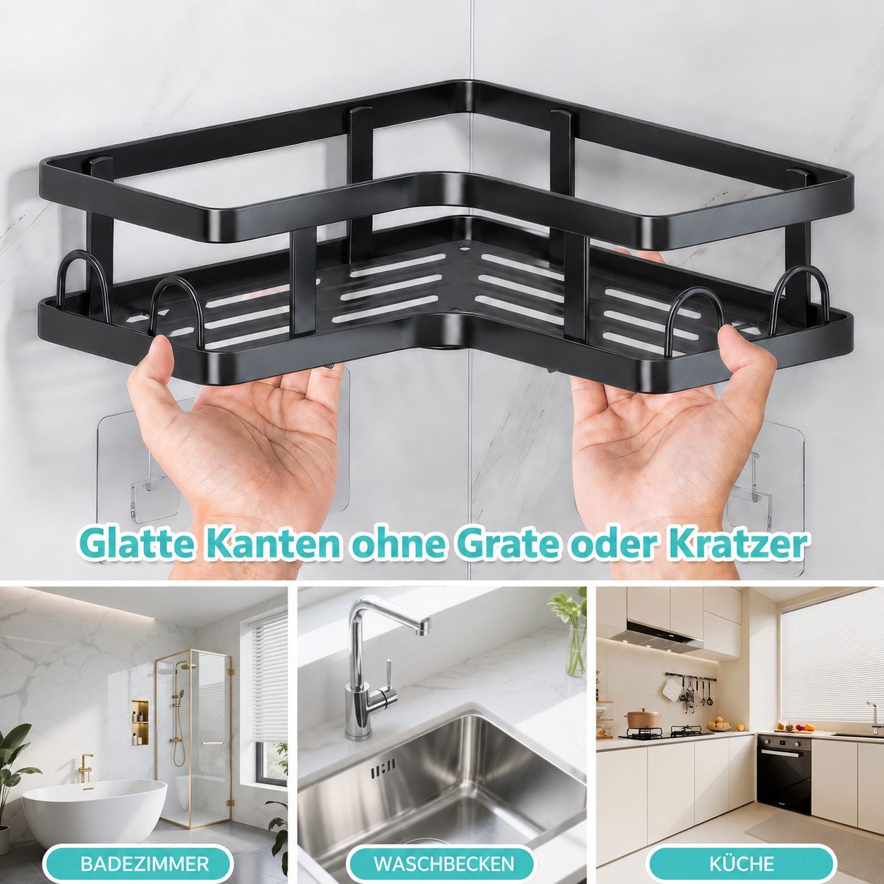 BlingBin Duschregal Ecke ohne Bohren Badezimmer Organizer, Badregal 3 Stück, Schwarz, 1er Set 1-tlg., Shampoo Halterung für Dusche, Duschkörbe & Duschablagen, S – Bild 5 von 5