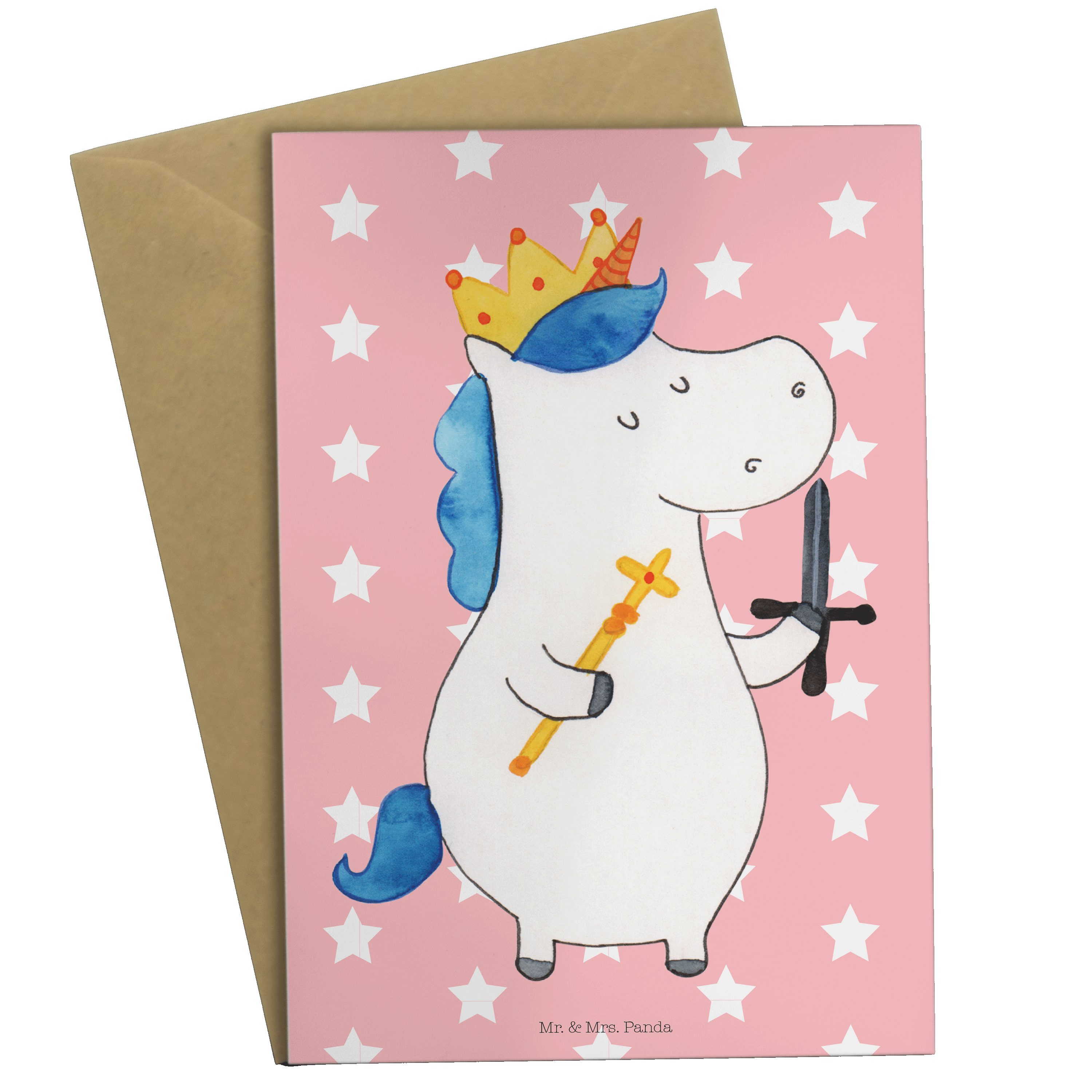 Mr. & Mrs. Panda Grußkarte Einhorn König mit Schwert - Rot Pastell - Geschenk, Glückwunschkarte