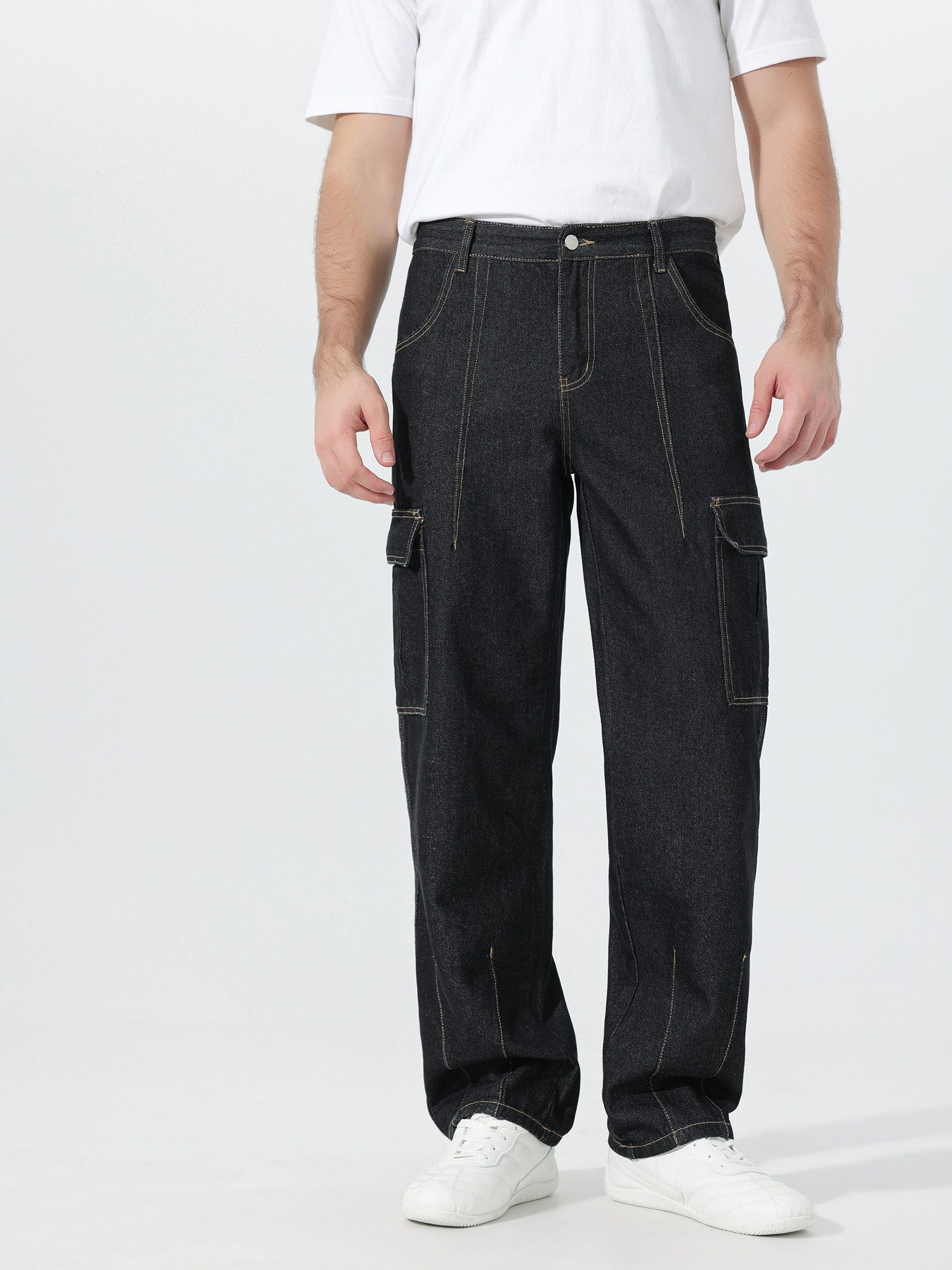 YOUTHUP Cargojeans Herren Einfarbige Freizeitjeans mit Mehrtaschen-Design Freizeithose – Bild 2 von 5
