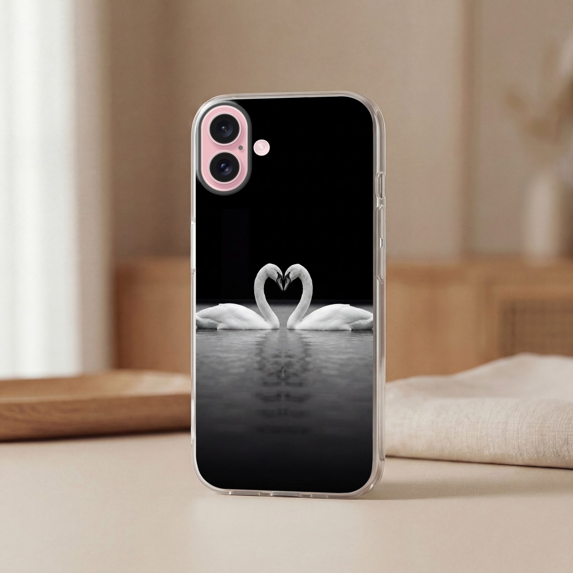 MuchoWow Handyhülle für Apple iPhone 16 Schwäne - Herz - Schwarz - Weiß, Smartphone-Bumper, Print, Handy Schutzhülle Dünn