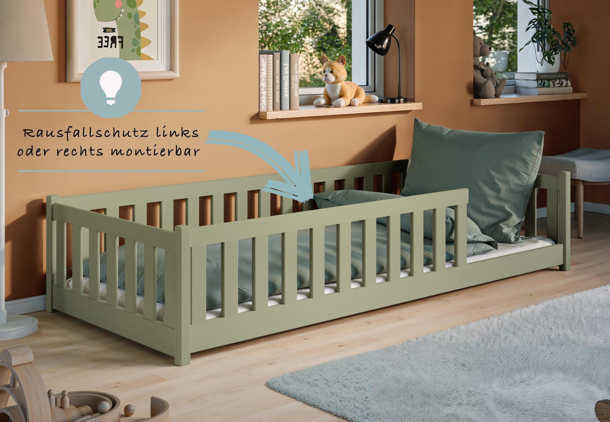 Kids Collective Kinderbett Bodenbett Bett mit Rausfallschutz & Lattenrost Montessori Bett Kinder (Jungen, Mädchen, Kinder, weitere Größen 80x160, 80x180, 90x190 – Bild 4 von 5