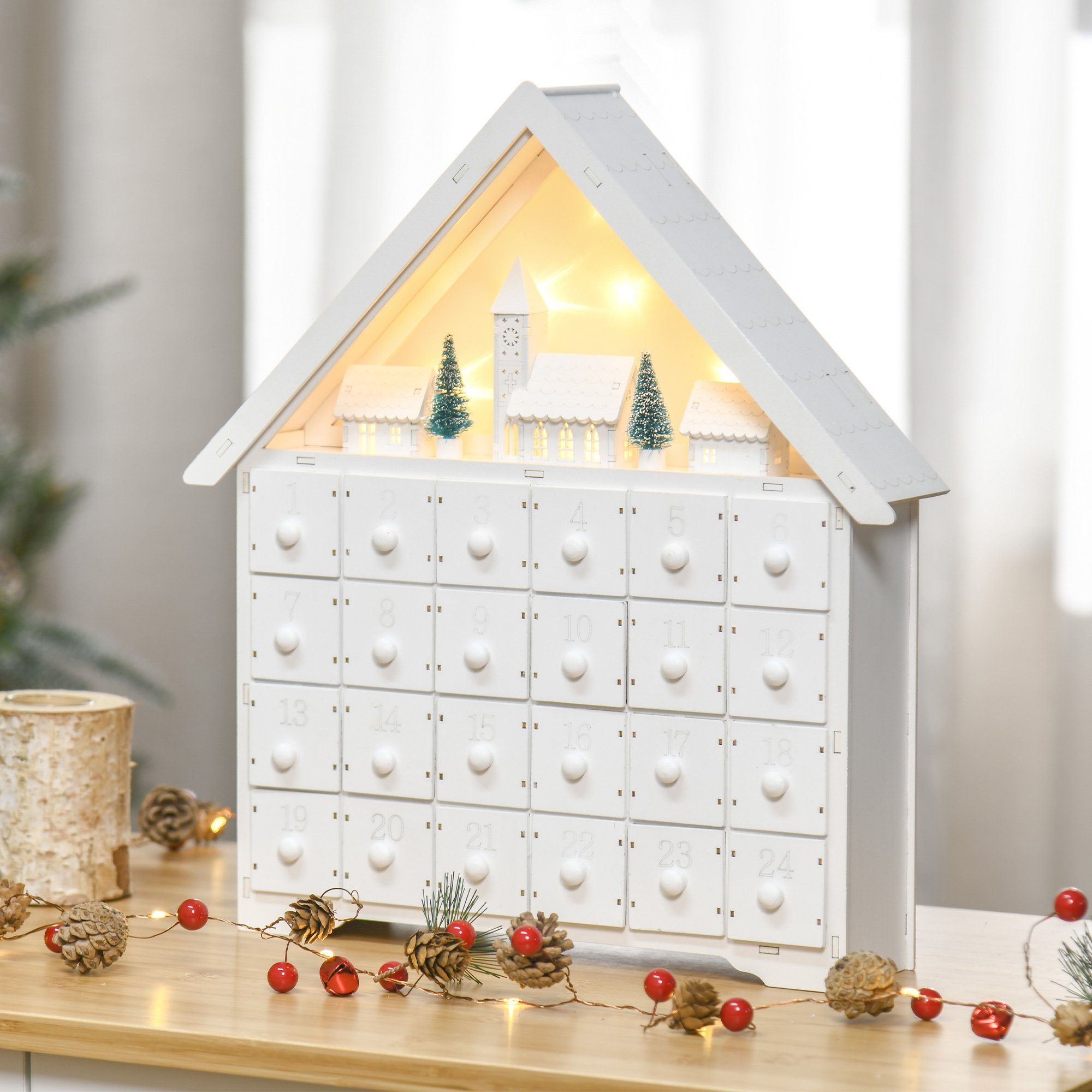 HOMCOM Weihnachtsdorf Adventskalender 24 Schubladen LED-Lichtern Weihnachtskalender, DIY Sperrholz-Platte Weiß 39 x 9 x 42 cm