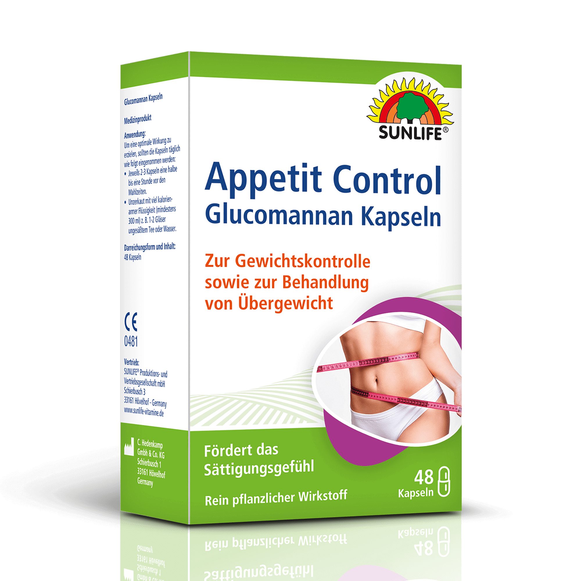 SUNLIFE SUNLIFE® Appetit Control Glucomannan Kapseln Appetitkontrolle Abnehmen Jeweils 2-3 Kapseln 0,5-1 Stunde vor den Mahlzeiten