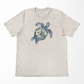 Sinus Art T-Shirt Herren Shirt 100% gekämmte Bio-Baumwolle T-Shirt Blumen Seeschildkröte Wasserfarben Motiv Nachhalti (1-tlg)