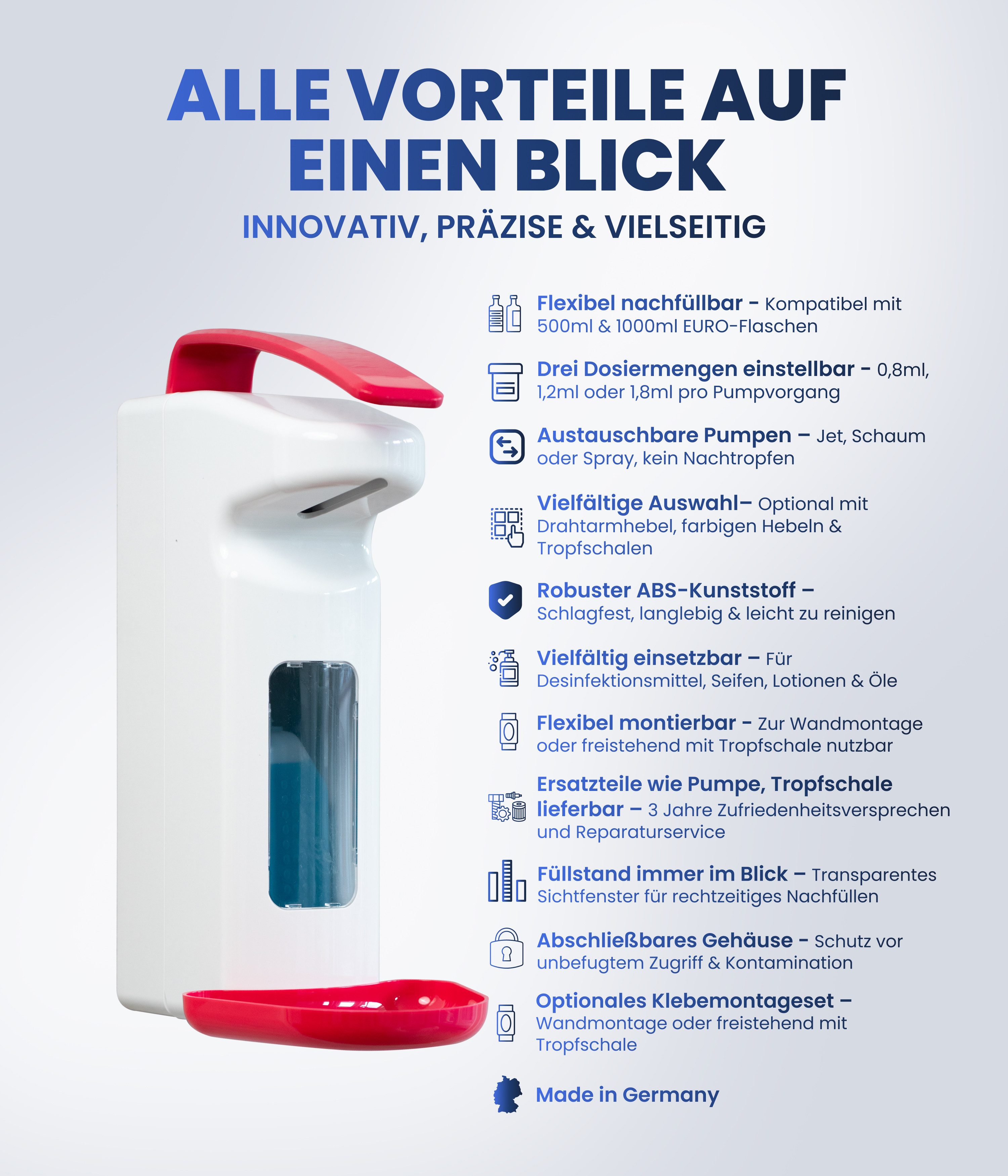 Hygiene365 Desinfektionsmittelspender Manueller Desinfektionsmittel- und Seifenspender, Armhebelsystem