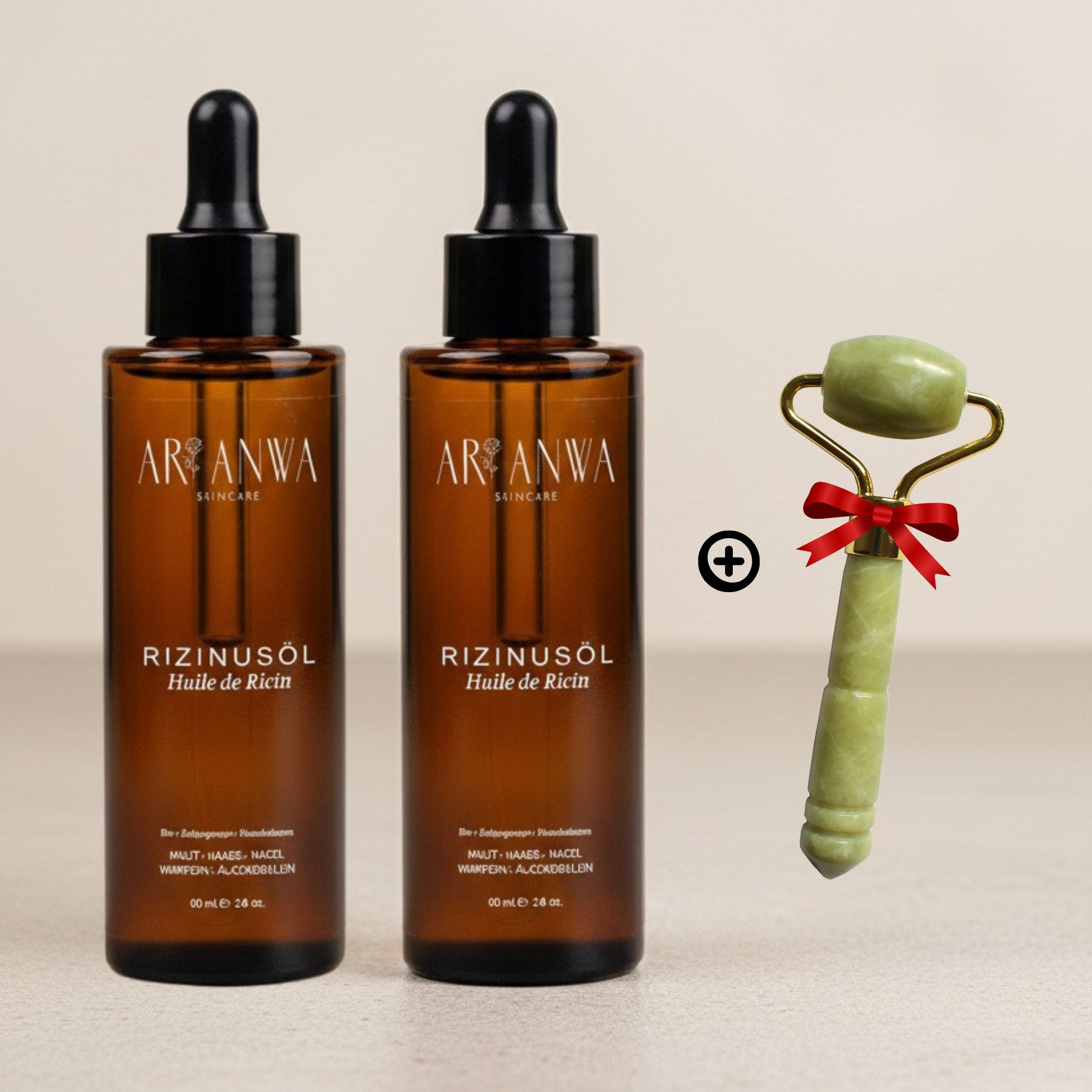 ARI ANWA Skincare Gesichtsöl 2x Rizinusöl Pflege-Set - Mini Jade Roller als Geschenk, Gratis Mini Jade Roller, Bio & Kaltgepresst, Inkl. 2 Präzisionsbürsten