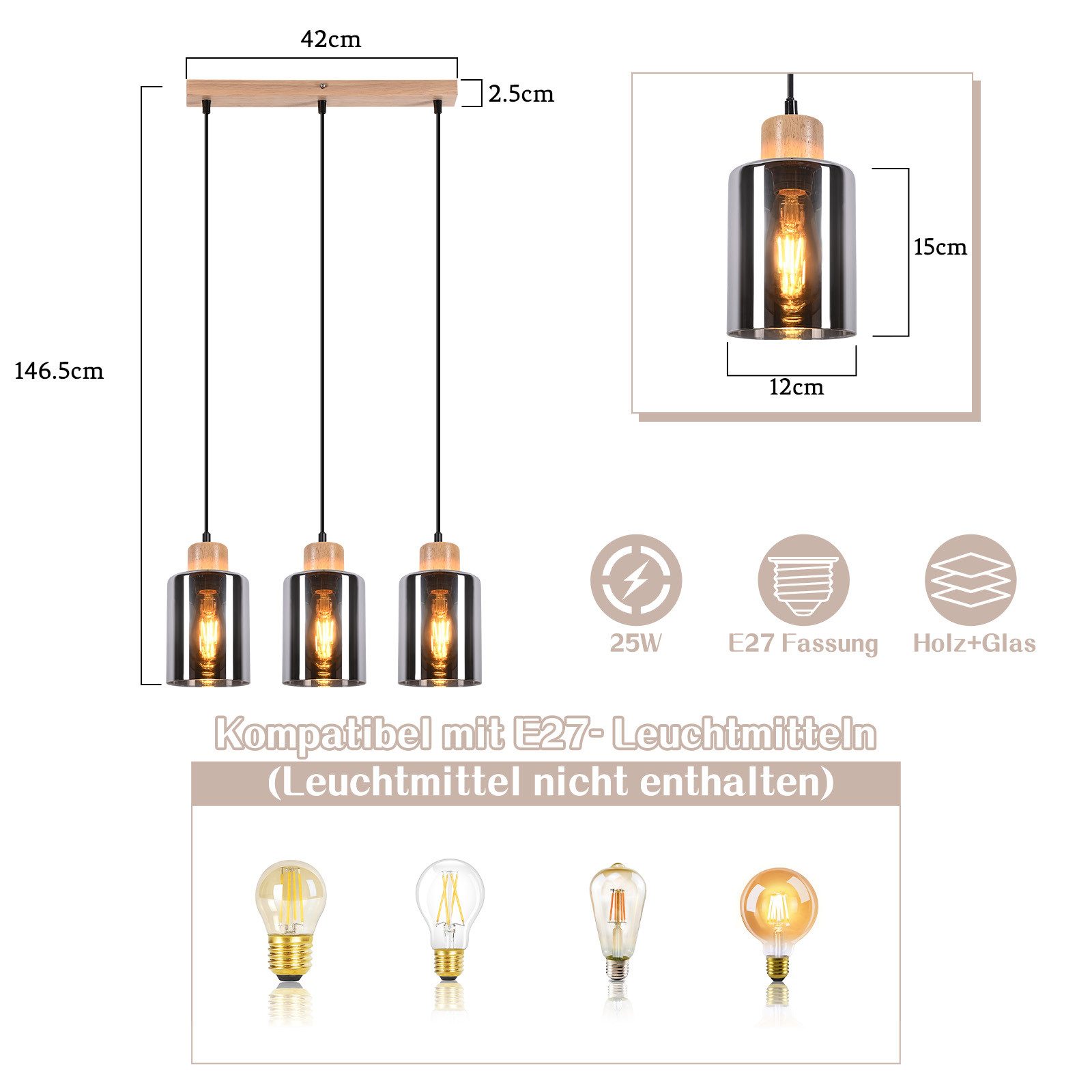Nettlife Pendelleuchte Holz esstisch Vintage 1/3/4 flammig E27 Esszimmerlampe Industrial, Höhenverstellbar, LED wechselbar, Rauchglas Hängelampe für Küche Esszimmer Flur