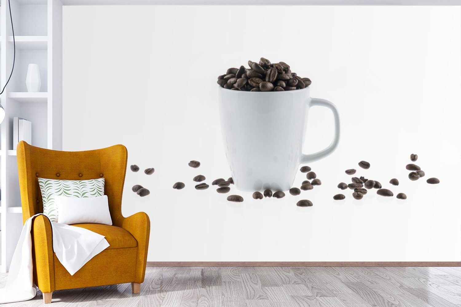 MuchoWow Fototapete Montagefertig für St), Vinyl Wandtapete Wohnzimmer, weiße Eine gefüllt bedruckt, Tapete Kaffeebohnen, mit (7 Matt, Kaffeetasse