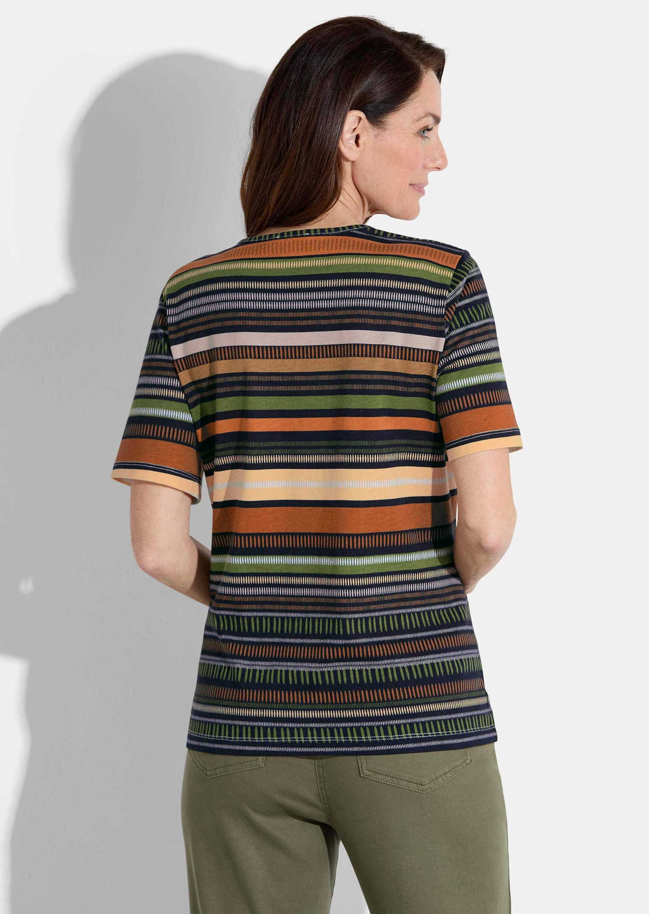 GOLDNER T-Shirt Kurzgröße: Baumwollshirt im Streifen-Look Blusenshirt mit Rundhalsausschnitt und Halbarm