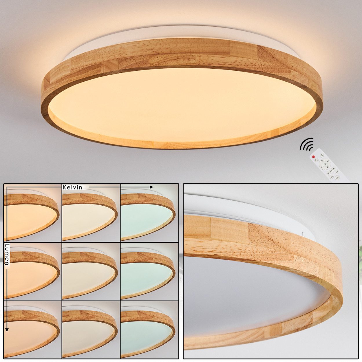 hofstein Deckenleuchte dimmbare Deckenlampe aus Metall/Bambus/Kunststoff in Weiß/Natur, LED wechselbar, 3000 - 6000 Kelvin, LED Leuchte(39cm), 2500 Lumen, 3000 -6000 Kelvin, inkl. Fernbedienung