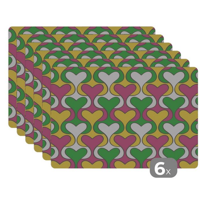 Platzset Herz - Retro - Muster MuchoWow (6-St) Platzset Platzdecken Platzmatte Tischmatten Schmutzabweisend