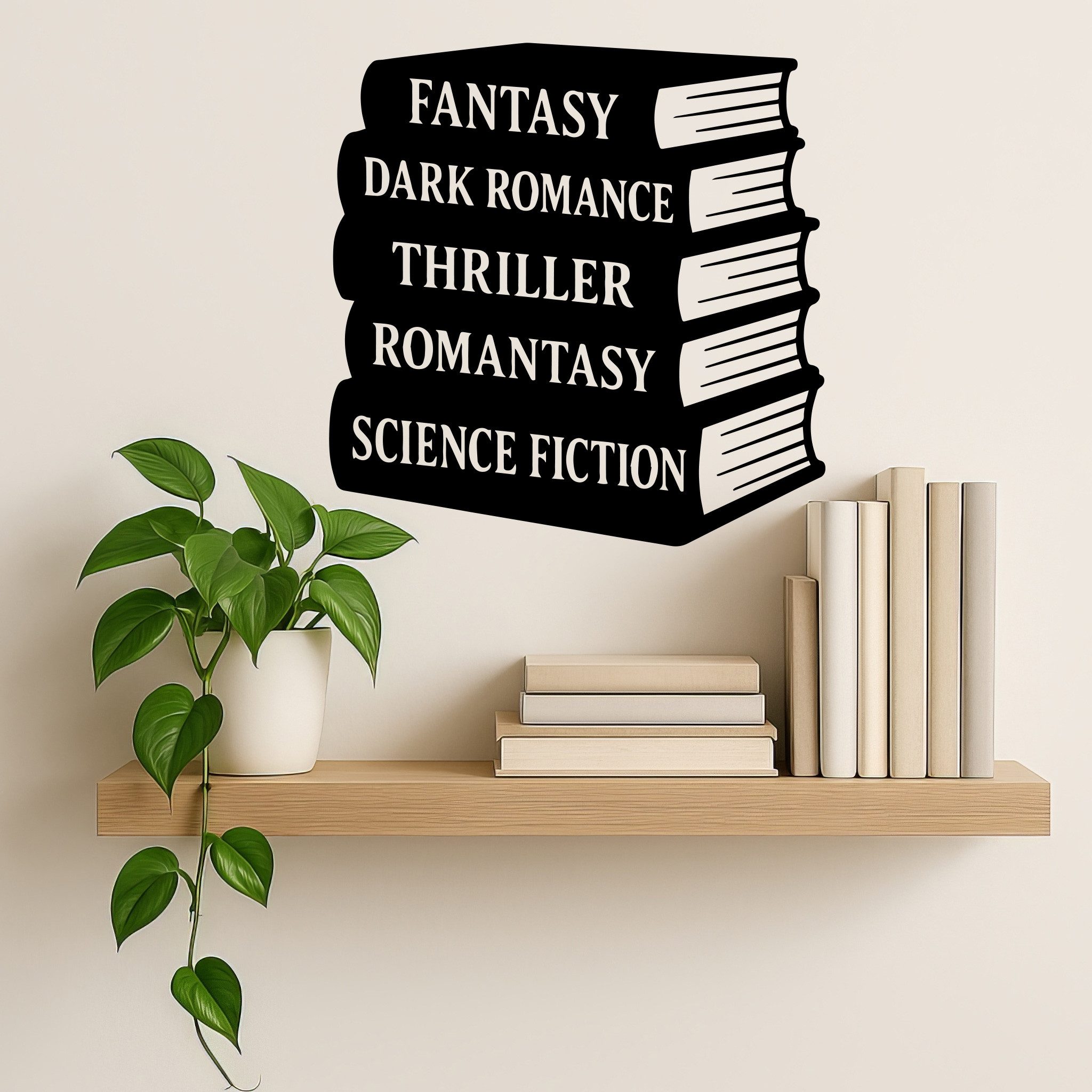 Sunnywall Wandtattoo Wandtattoo Bücherstapel mit Buch Genre – Fantasy, Thriller, Romantasy, selbstklebend, konturgeschnitten, rückstandslos entfernbar