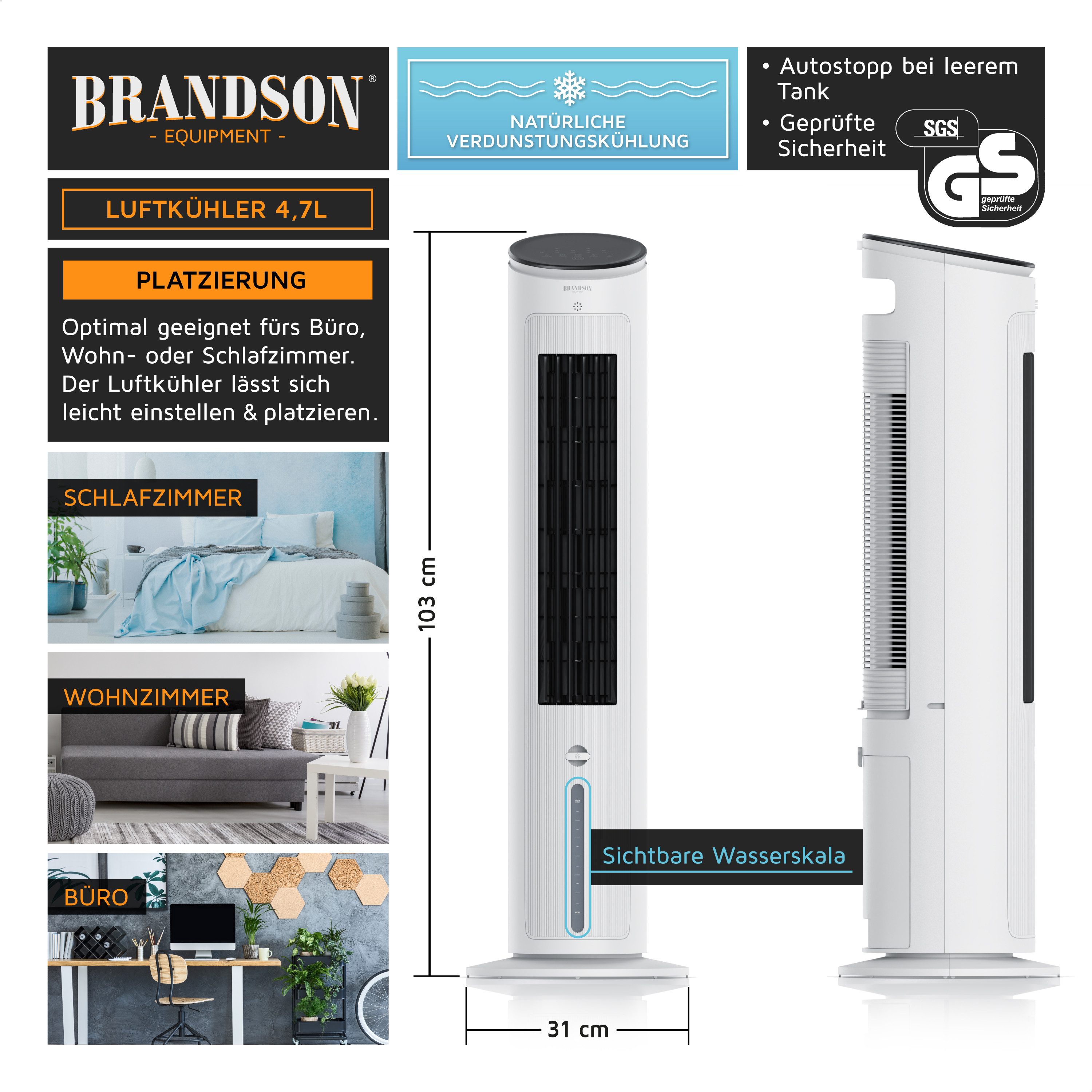 Brandson Ventilatorkombigerät mobiler Luftkühler, 4,6L Wassertank Luftbefeuchter, Verdunstungskühler, Preisträger 2025, 3 Modi, Autostopp bei leerem Tank, Timer, Lüfter 45W