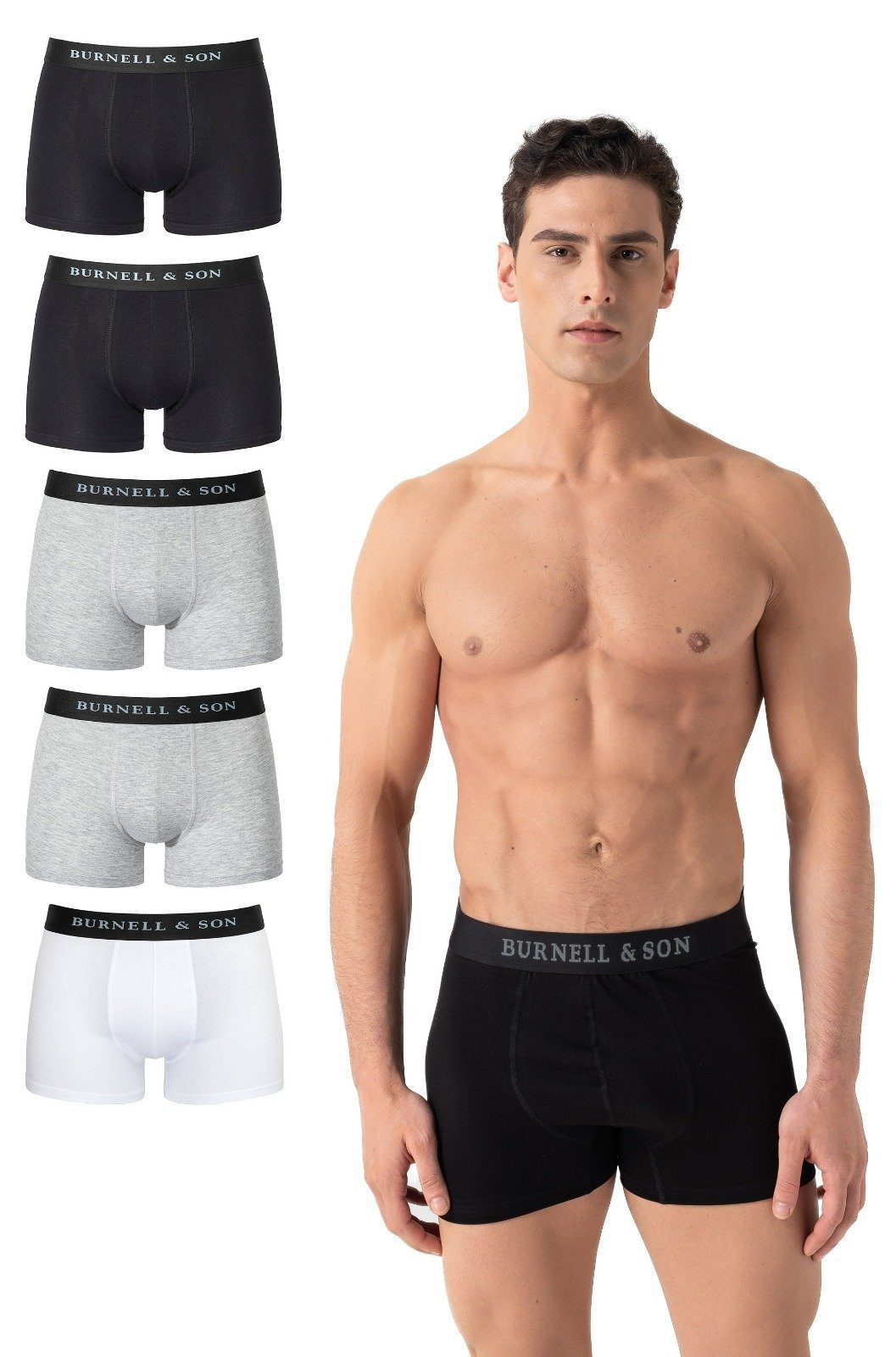 Burnell & Son Boxer Unterhosen aus Baumwolle für Herren Männer (Packung, Set, Spar-Pack, Spar-Packung, Spar-Set, 5-St., 5er-Pack) mit Komfortbund MIX
