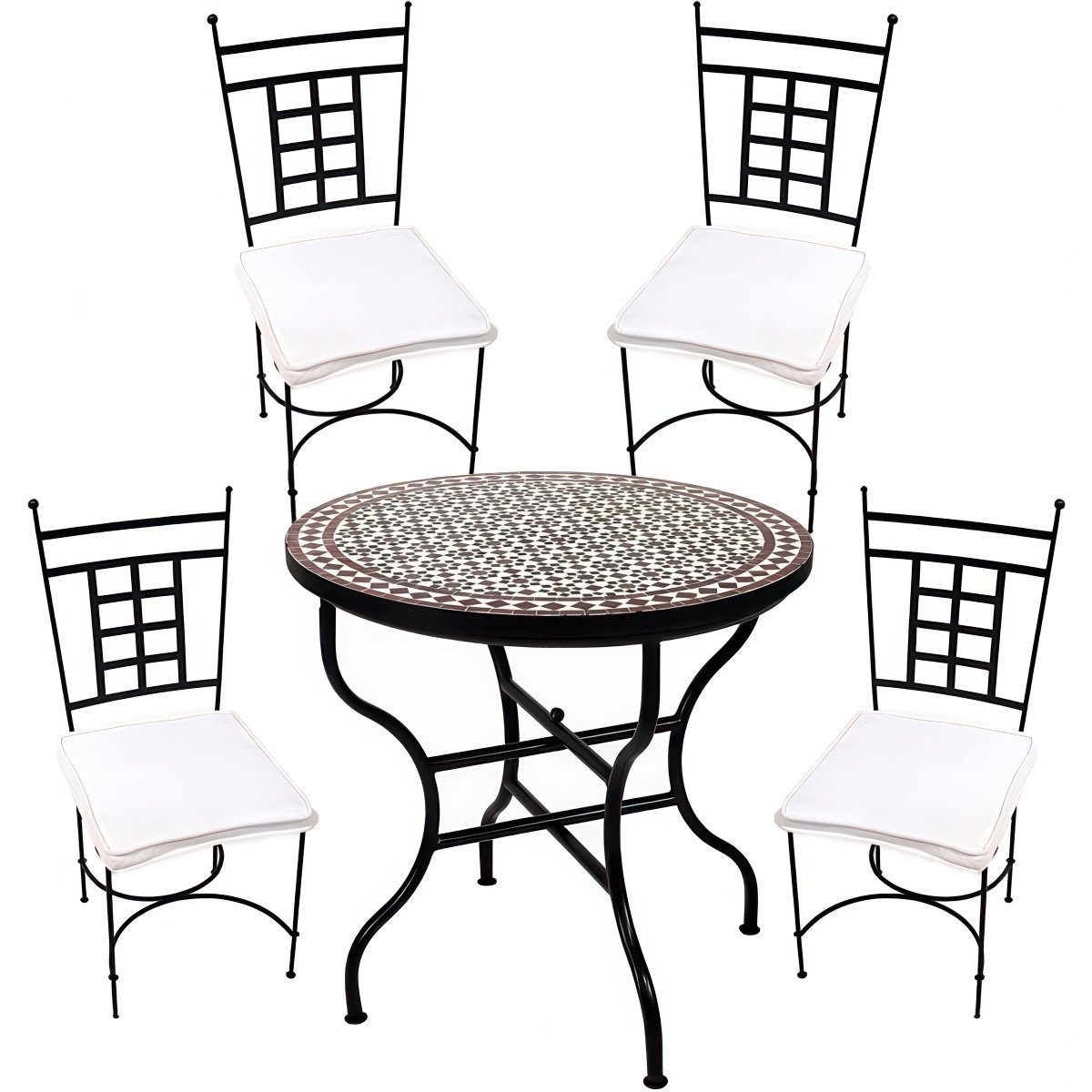 Marrakesch Orient & Mediterran Interior Garten-Essgruppe 5er Gartenset mediterran Albaicin Schwarz Weiß 80cm Athen, (5-tlg), Handarbeit