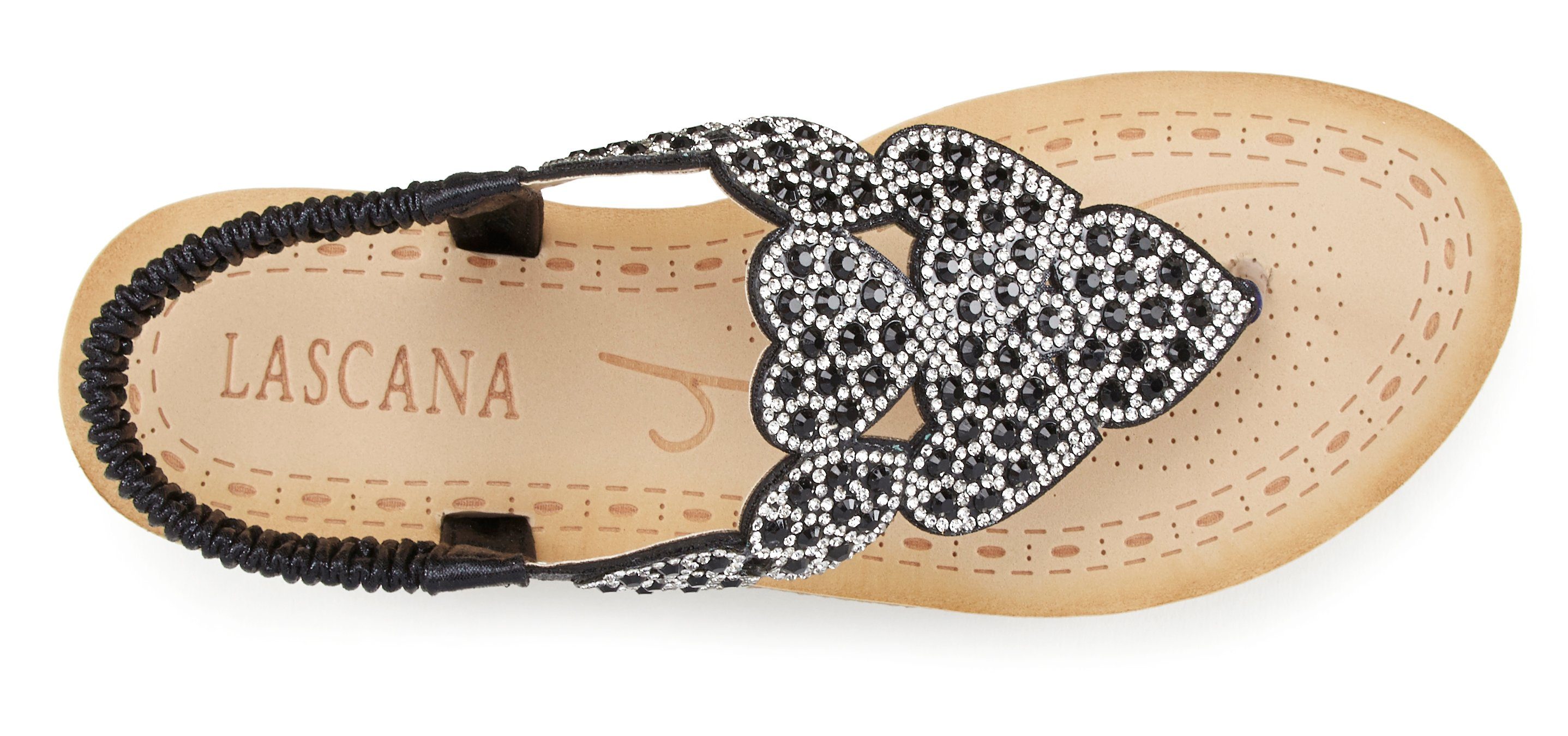 Pantolette elastischen schwarz mit und Riemchen Schmucksteinchen Zehentrenner Sandale, LASCANA