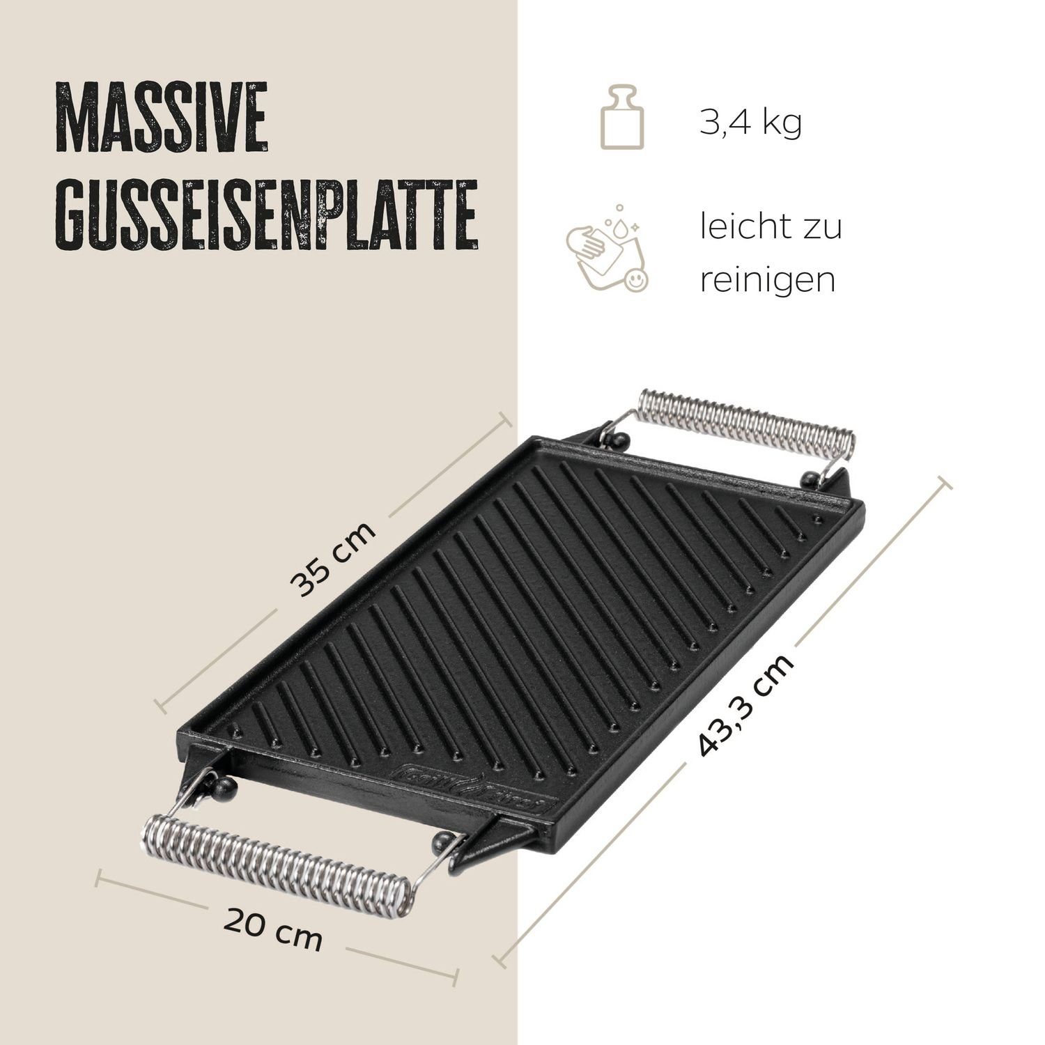 Grillfürst Grillplatte Grillfürst Universal Grillplatte / Wendeplatte aus Gusseisen 35 x 20 cm