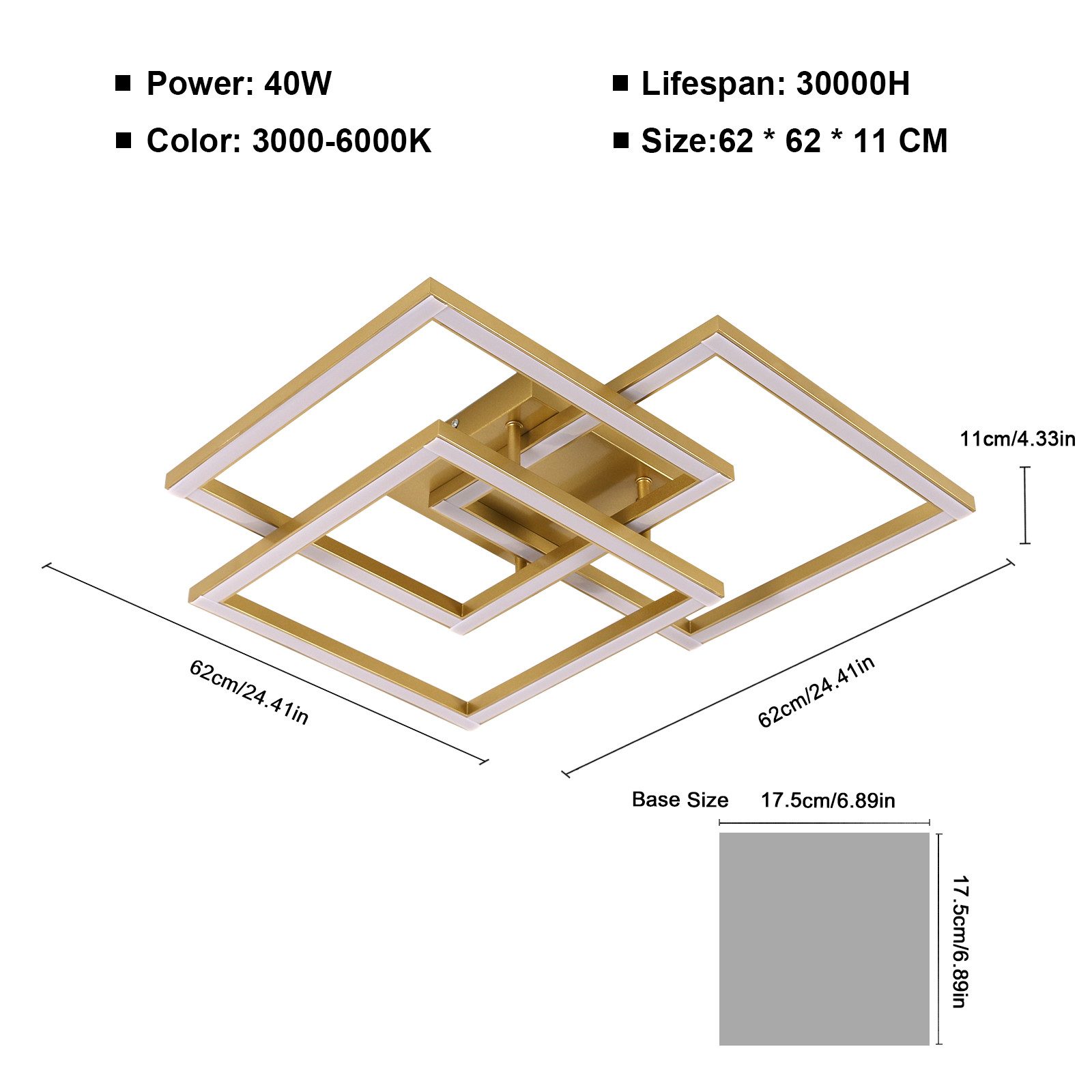 Riserva LED Deckenleuchte LED Deckenleuchte 48W dimmbar, Gold, 3000K–6500K, mit Fernbedienung