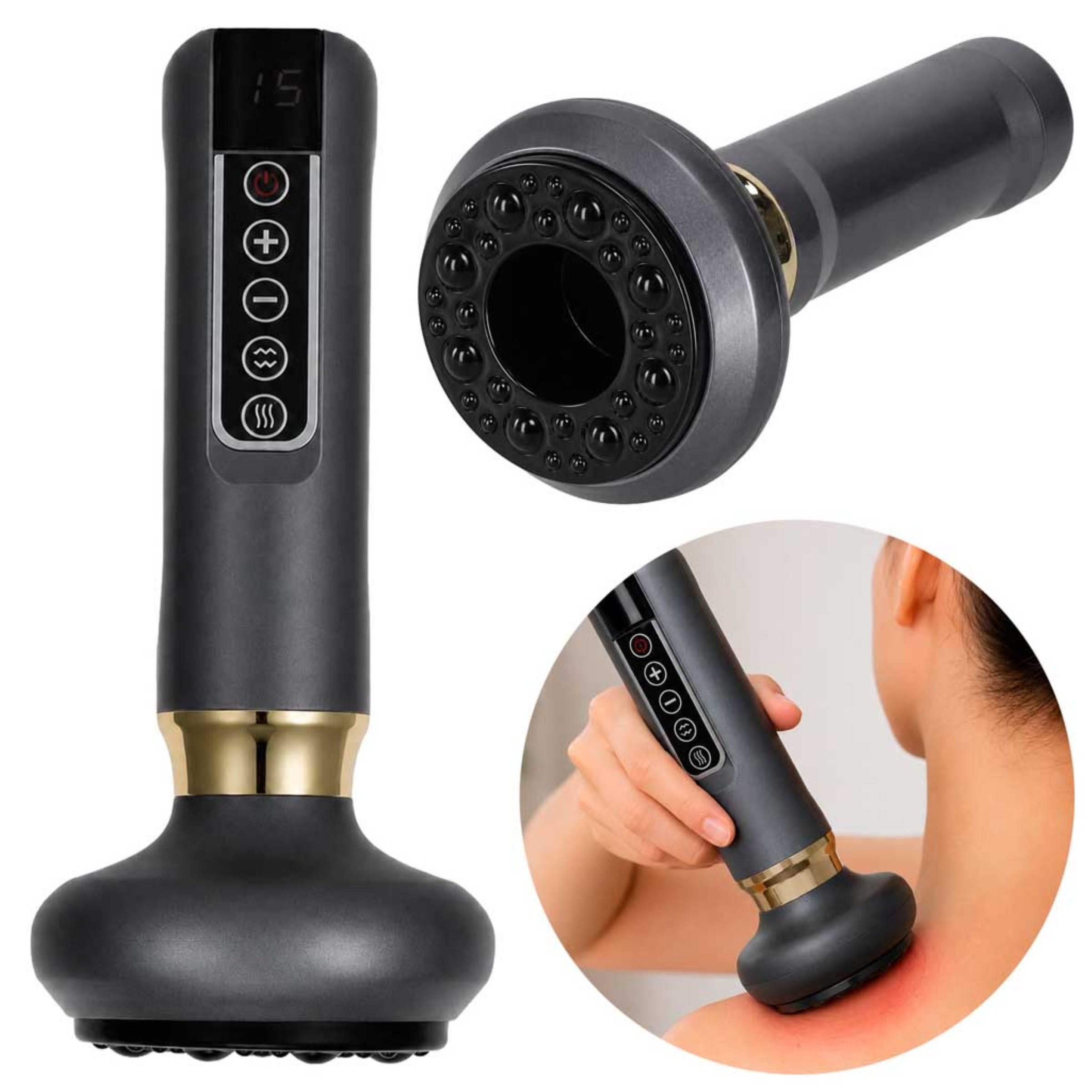 Ikonka Massagegerät Elektrisches Schröpfmassagegerät USB 12 Stufen Wärmefunktion, Handmassagegerät Schröpf Vakuum Wärmefunktion 12 Stufen kabellos USB, Elektrisches Schröpfmassagegerät mit 12 Stufen Wärmefunktion USB Akku, Vakuum, Wärme, 12 Stufen, USB-Akku, LCD-Display