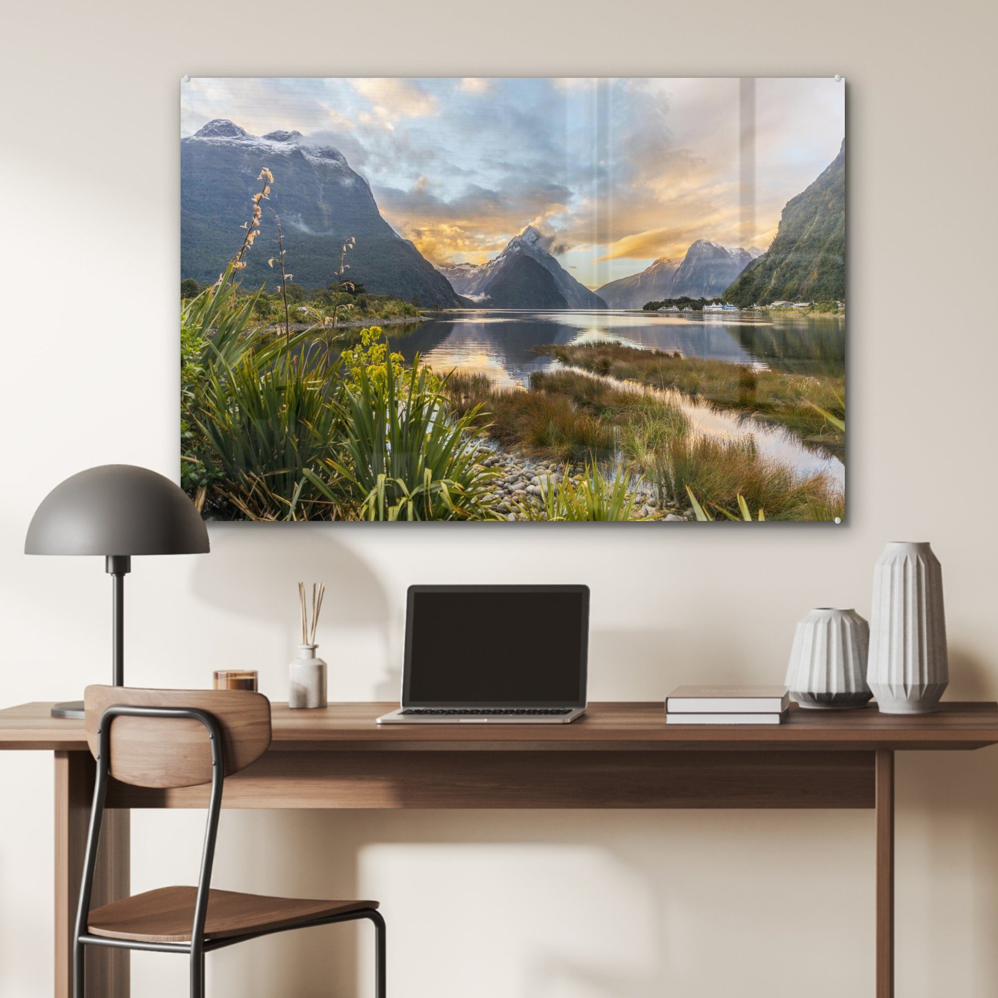 Acrylglasbilder - MuchoWow St), Acrylglasbild (1 Berge Wasser, Neuseeland Schlafzimmer Wohnzimmer & -