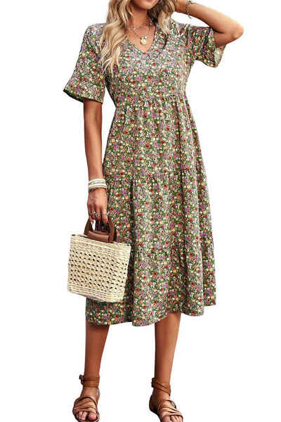 B.X Dirndl Damen-Sommerkleid mit V-Ausschnitt bedrucktA-Linie Blumen-Urlaubskleid Damen-Midikleider mit langen Ärmeln und Rundhalsausschnitt